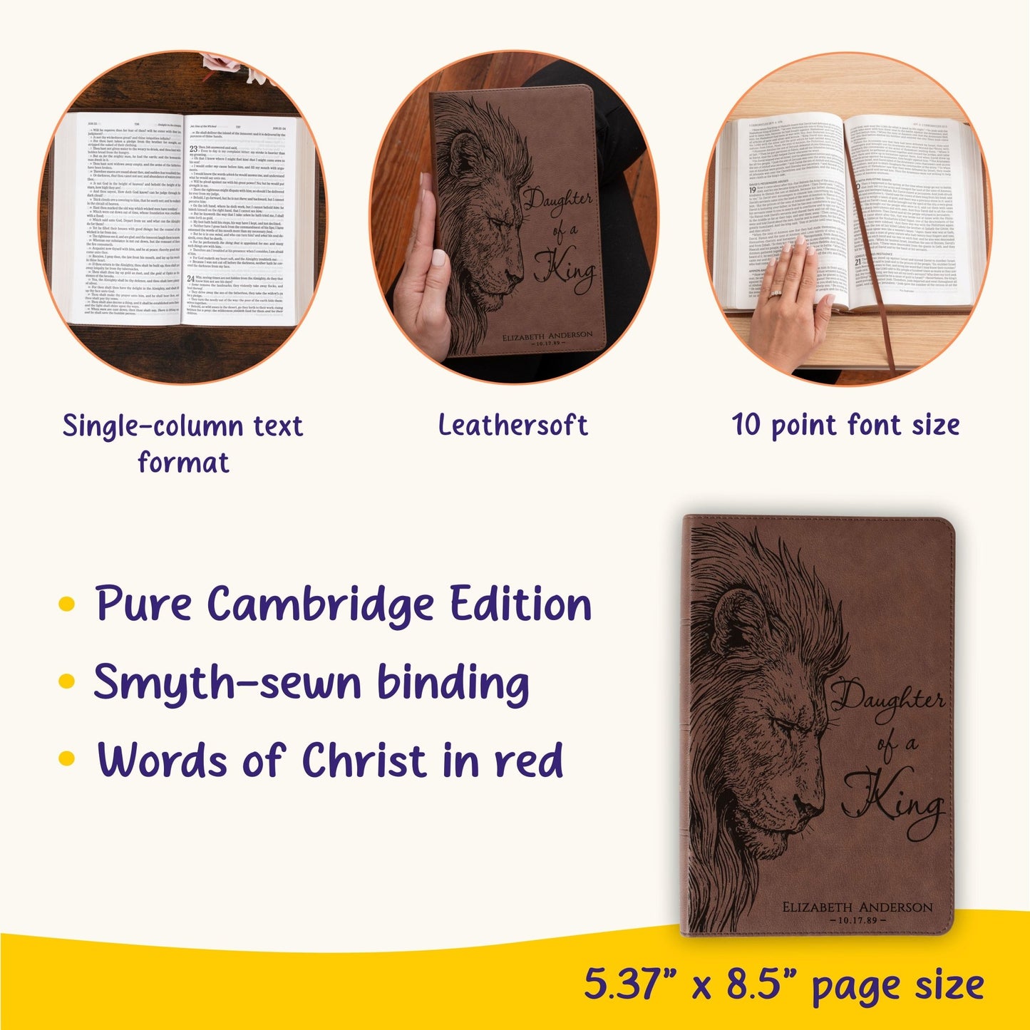 Personalized KJV Single - Column Bible, Custom Engraved Name, Daughter of a King Lion Design, Christian Gift, Baptism Gift, Bible Gift for Her - Religious Books - Aylev