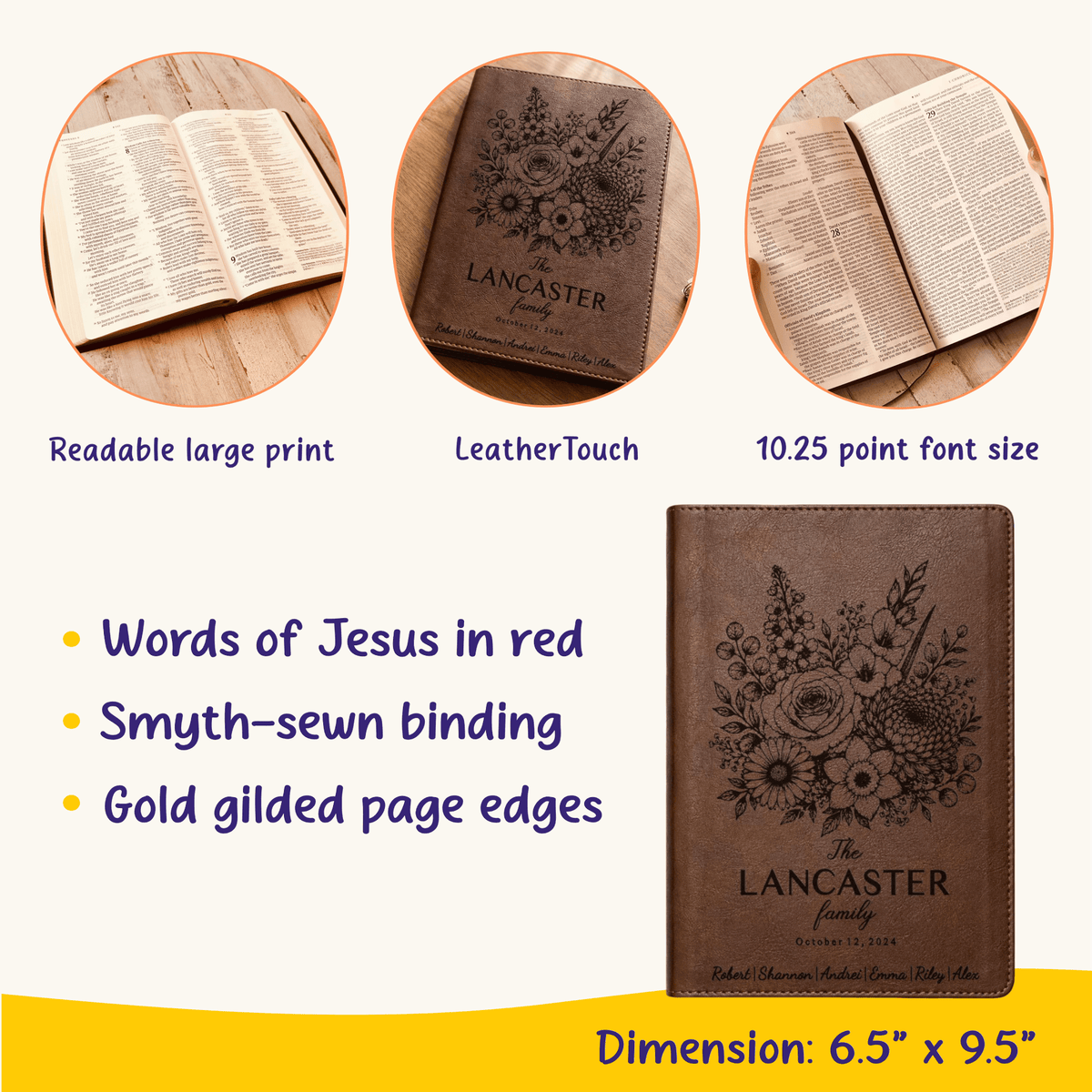 Personalized NLT Family Bible, Custom Engraved Name, Birth Month Flower Bouquet, Large Print Red Letter Bible, Wedding Christian Gift - Religious Books - Aylev