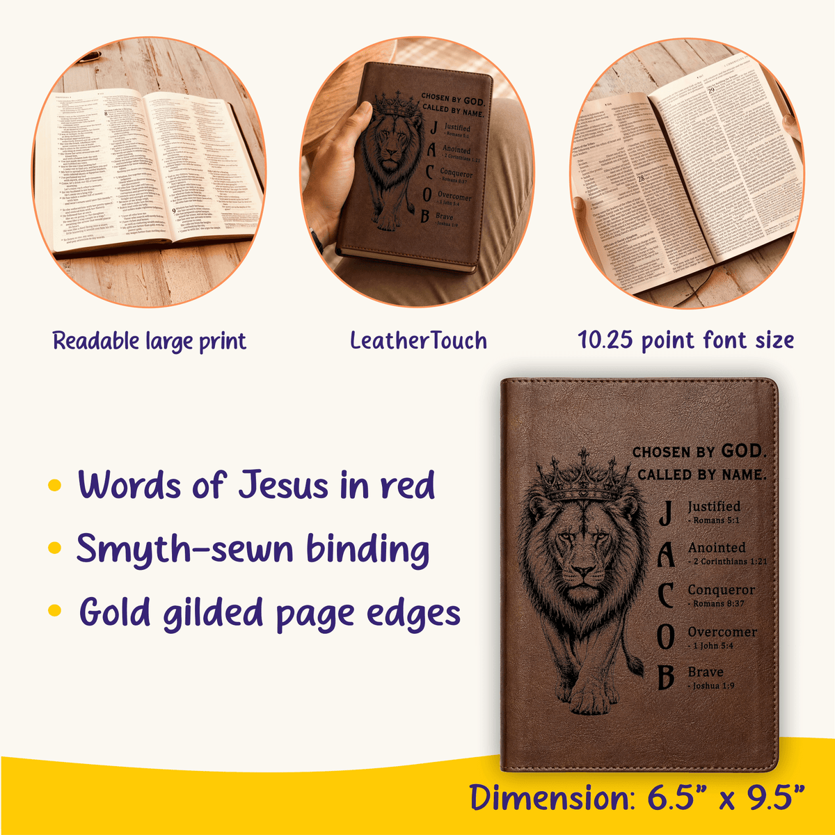 Personalized NLT Large Print Bible, Custom Engraved Acrostic Name with Verse Reference, Lion Design, Gift for Him - Religious Books - Aylev