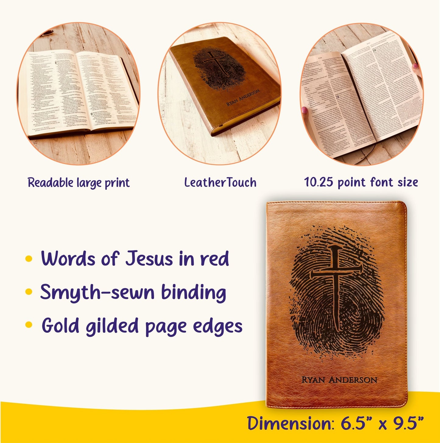 Personalized NLT Bible, Custom Engraved Fingerprints & Cross Bible with Name, NLT Large Print Bible, Gift for Baptism, Wedding, Confirmation - Religious Books - Aylev