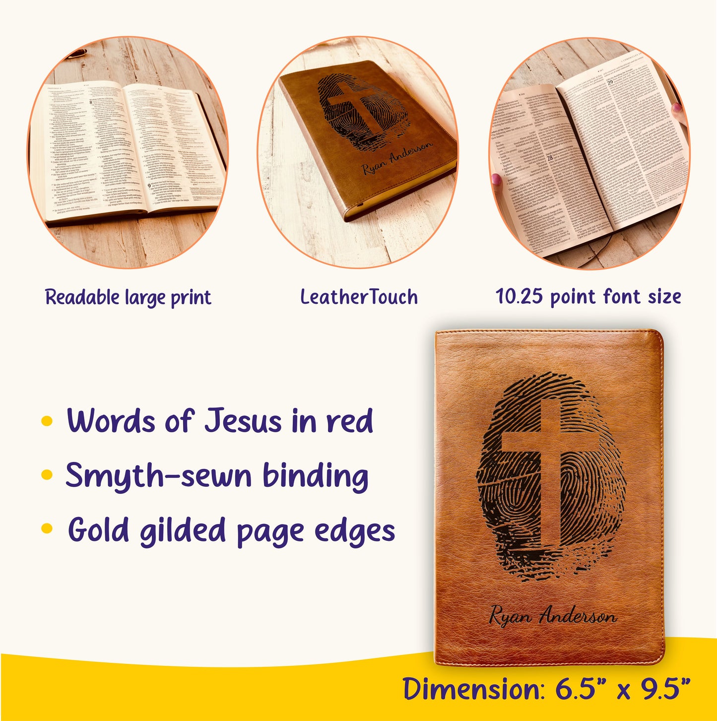 Personalized NLT Bible, Custom Engraved Fingerprints & Cross Bible with Name, NLT Large Print Bible, Gift for Baptism, Wedding, Confirmation