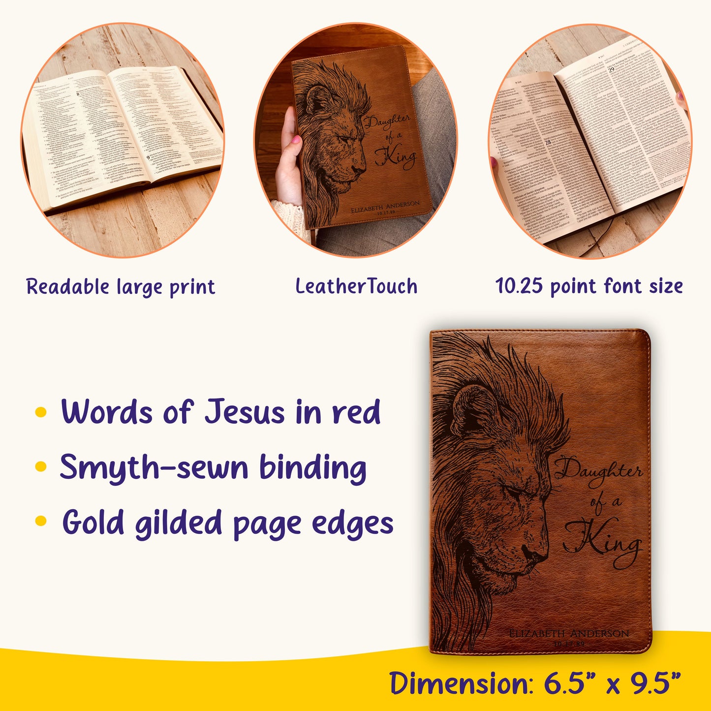Personalized NLT Reference Bible, Daughter of a King Lion Design, Custom Engraved Name, Christian Gift, Baptism Gift, Bible Gift for Her