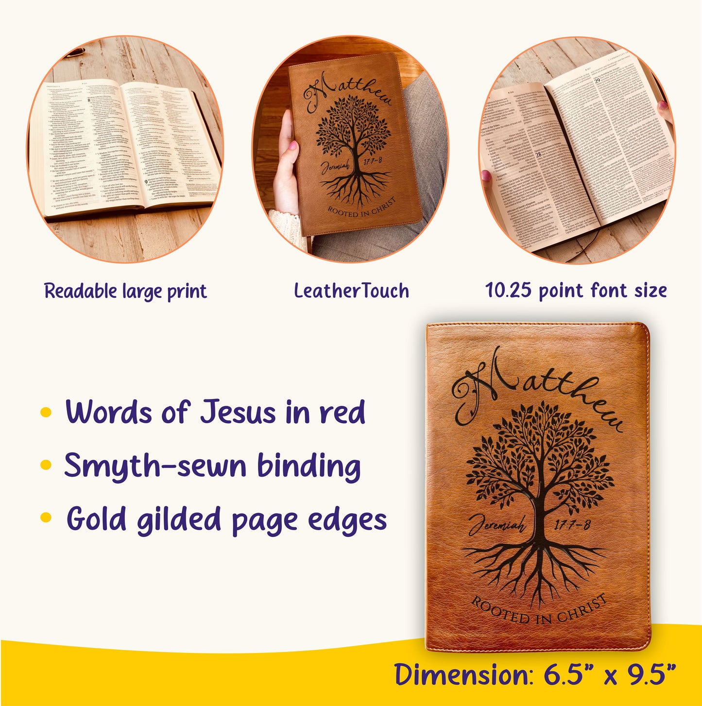 Personalized NLT Large Print Bible, Custom Engraved Name, Rooted in Christ Tree Design, Christian Gift, Bible Gifts for Her, Gifts for Him