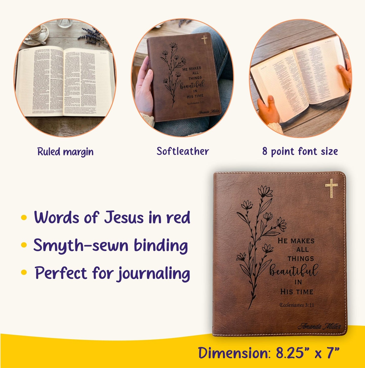 Personalized NIV Journaling Bible, Wide - Margin Red Letter Edition, Floral Design, Custom Engraved Name, Christian & Baptism Gift for women - Religious Books - Aylev