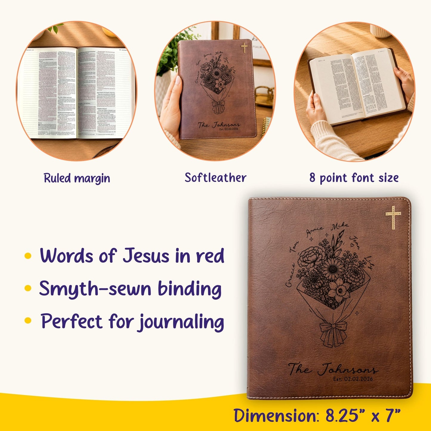 Personalized Family Bible, Birth Flower Bouquet, NIV Journaling, Wide Margin, Custom Engraved Bible, Wedding Guest Book, Wedding Gift - Religious Books - Aylev