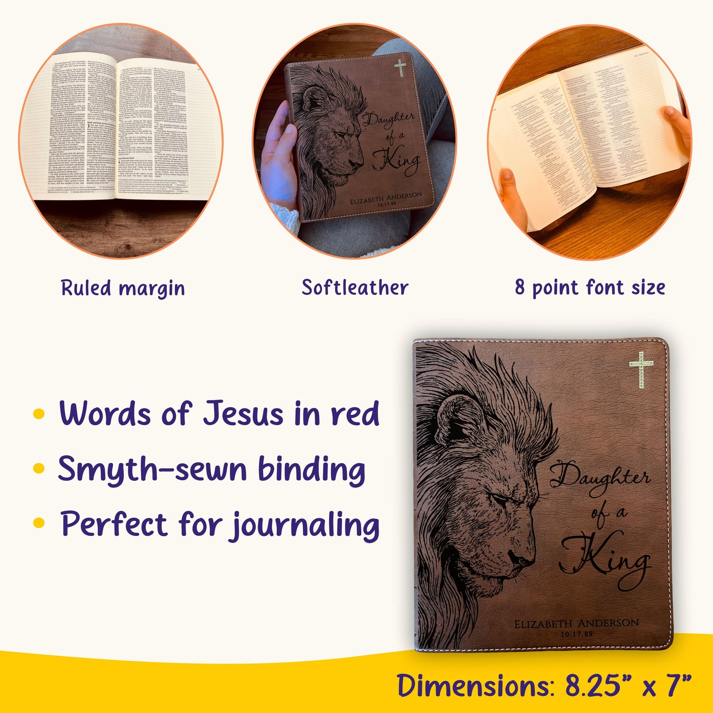Personalized NIV Journaling Bible, Daughter of a King Lion Design, Custom Engraved Name, Christian Gift, Baptism Gift, Bible Gift for Her