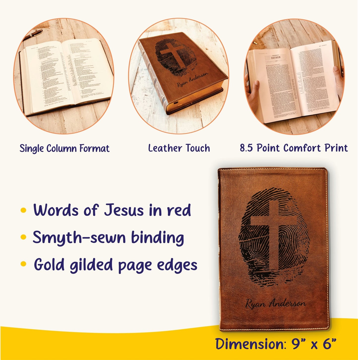 Personalized NKJV Bible, Custom Fingerprint & Cross Design with Name Engraved, Wide - Margin Bible, Gifts for Baptism, Wedding, Confirmation - Religious Books - Aylev