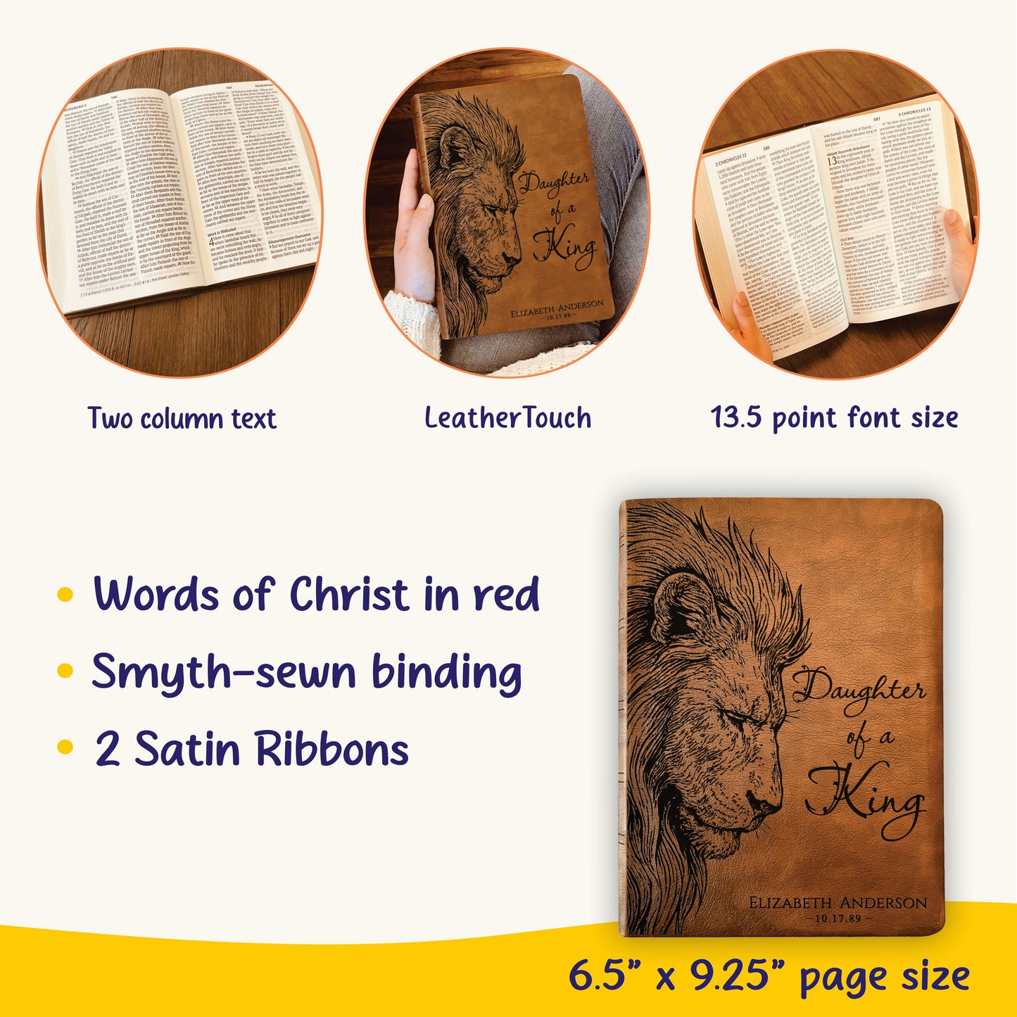 Personalized NASB Giant Print Bible, Daughter of a King Lion Design, Custom Engraved Name, Christian Gift, Baptism Gift, Bible Gift for Her