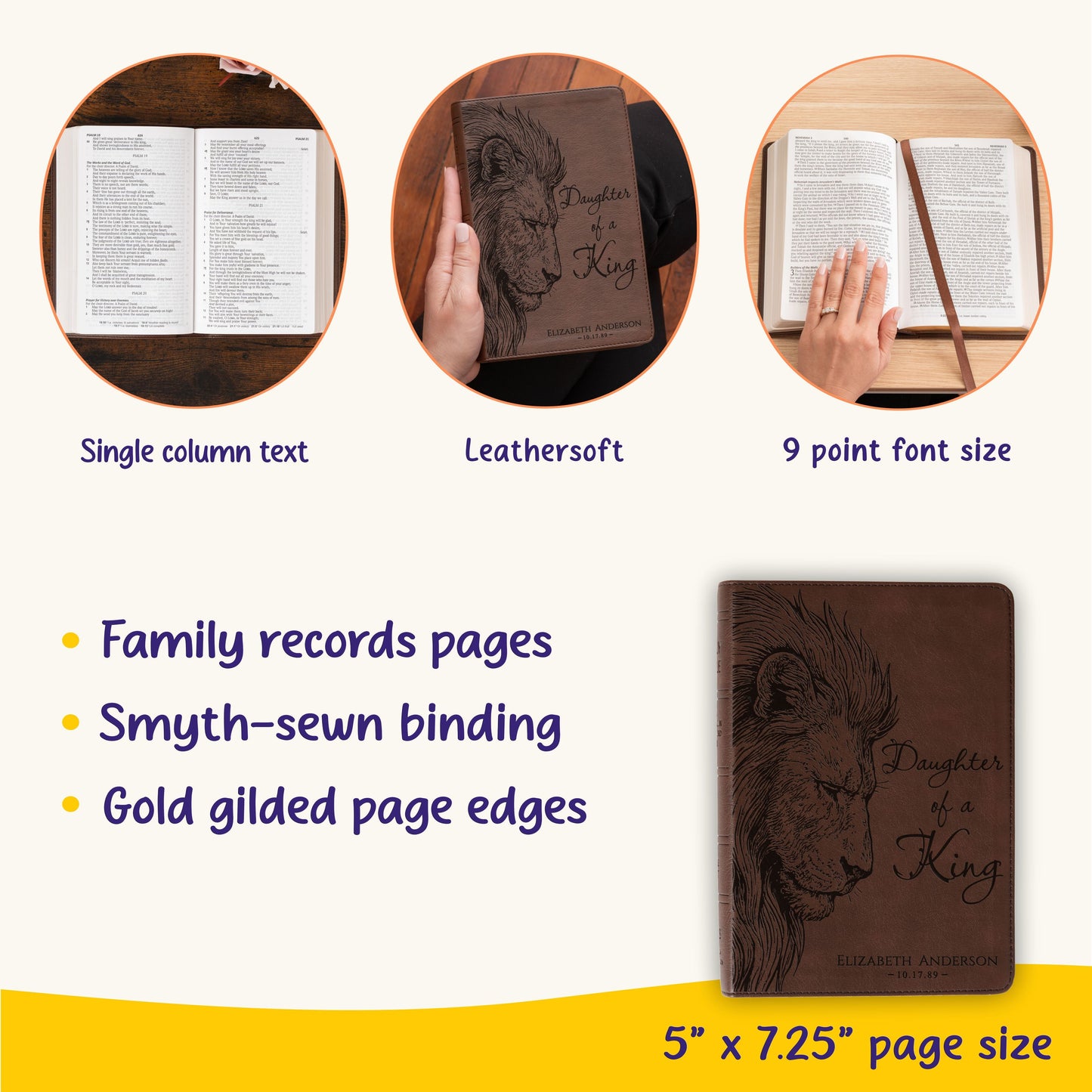 Personalized NASB Large Print Bible, Daughter of a King Lion Design, Custom Name Engraved, Gift for Her