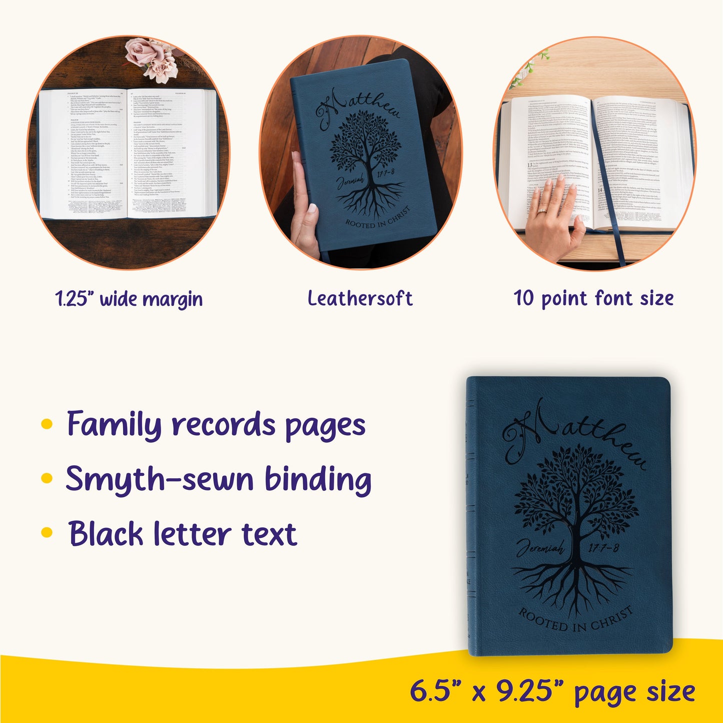 Personalized NASB Wide-Margin Bible, Rooted in Christ Tree Design, Custom Engraved Name, Christian Gifts