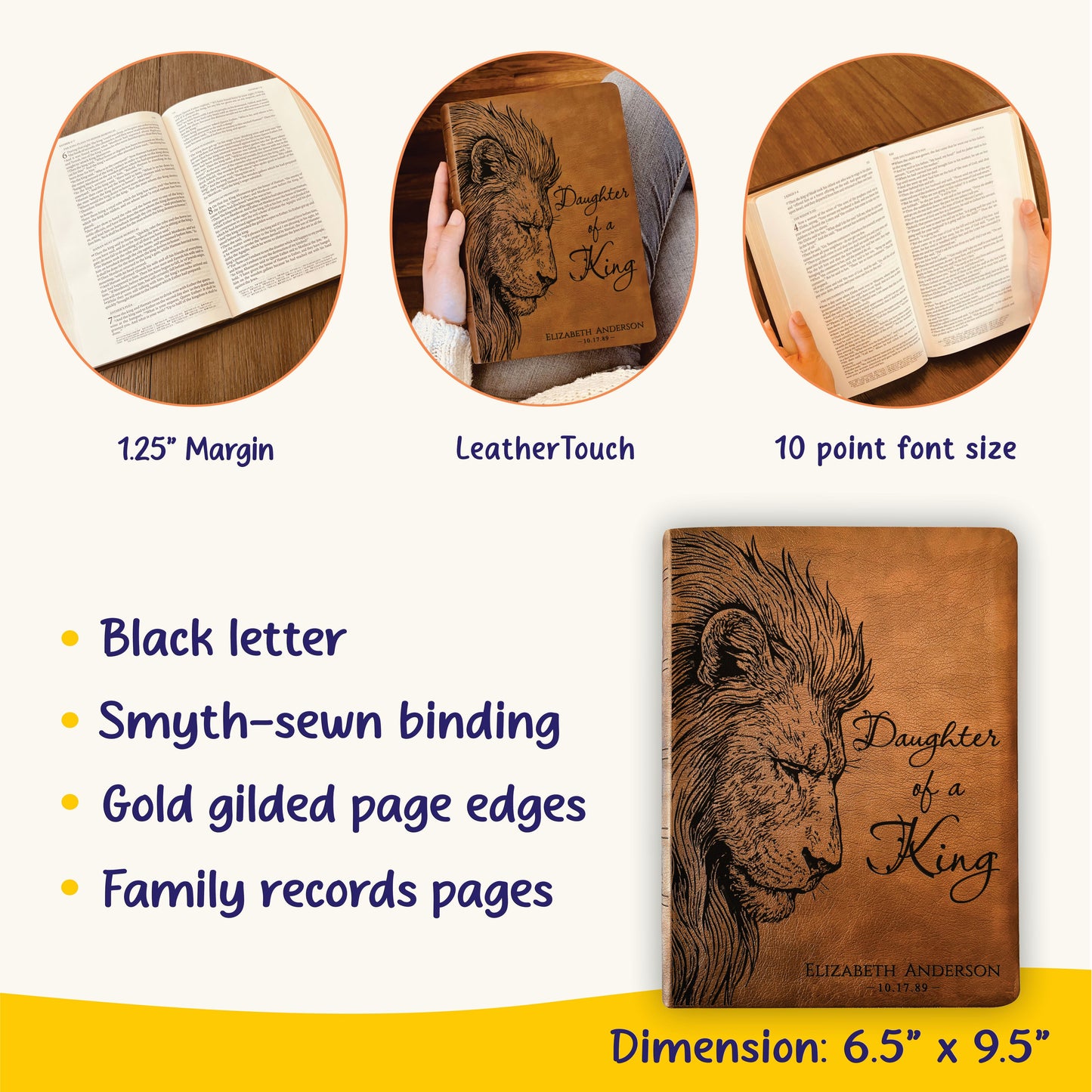 Personalized NASB Wide Margin Bible, Daughter of a King Lion Design, Custom Engraved Name, Christian Gift, Baptism Gift, Bible Gift for Her