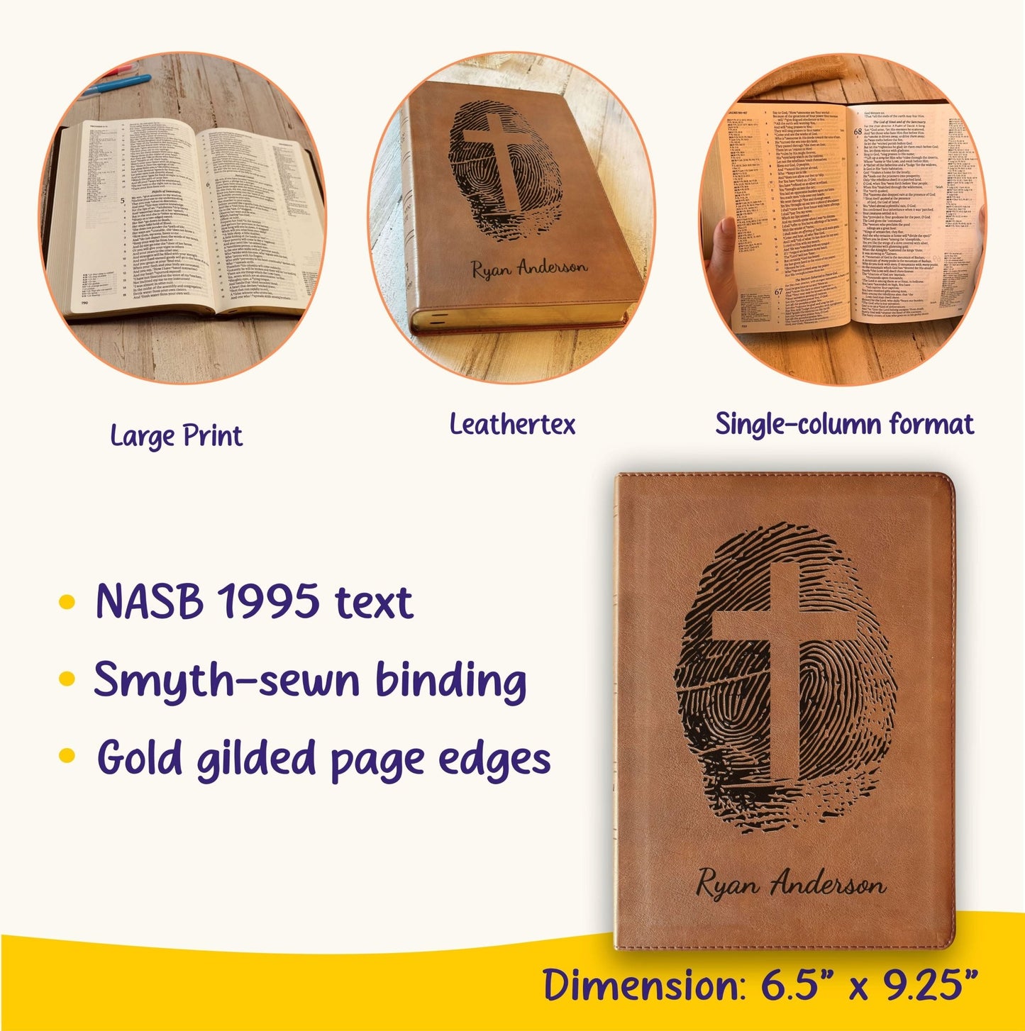 Personalized NASB 1995 Bible, Custom Fingerprint & Cross Design with Name Engraved, Side - Column Reference Bible, Gift for Baptism, Wedding - Religious Books - Aylev