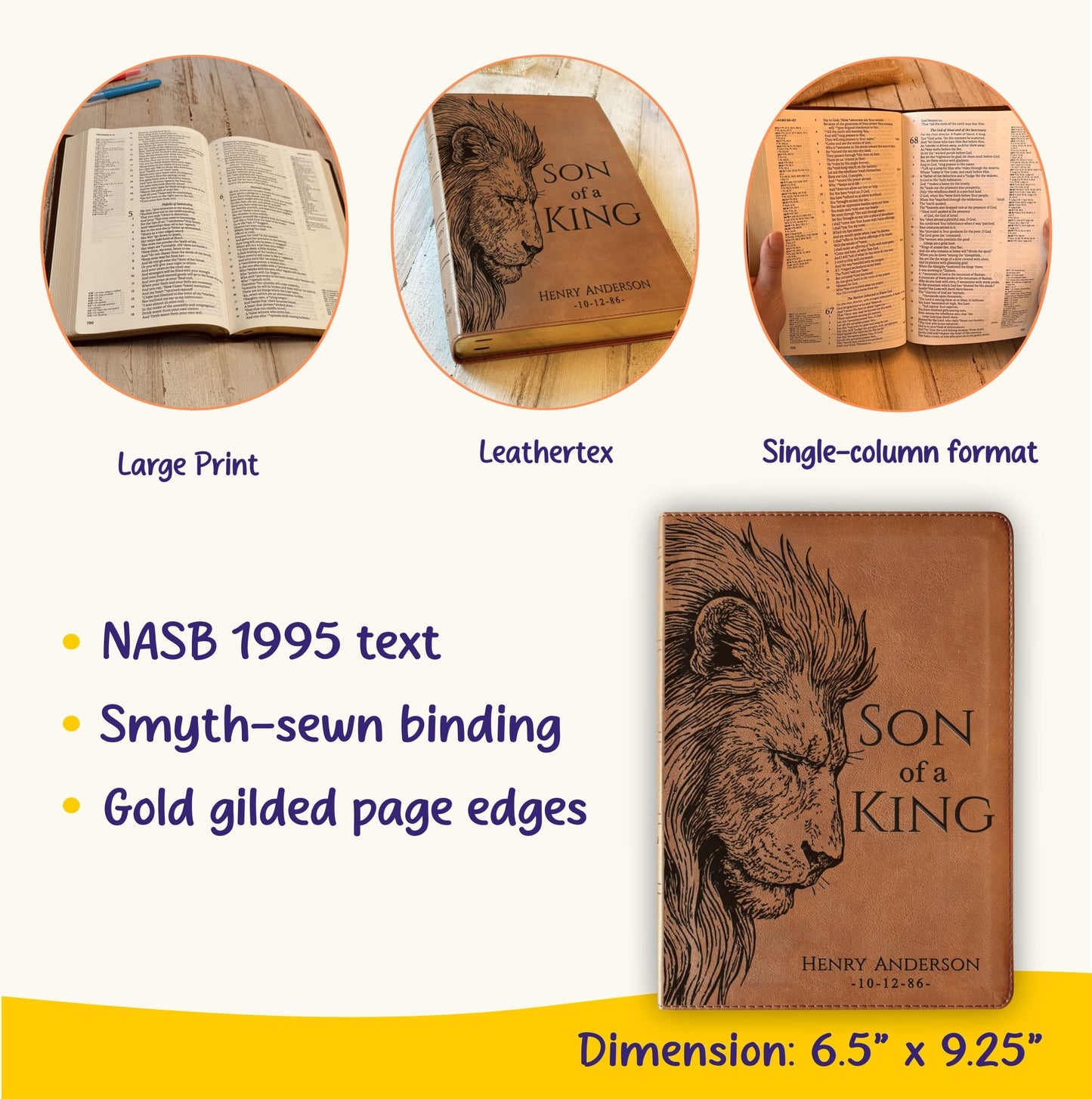 Personalized NASB 1995 Reference Bible, Son of a King Lion Design, Custom Engraved Name, Christian Gift, Baptism Gift, Bible Gift for Him - Religious Books - Aylev
