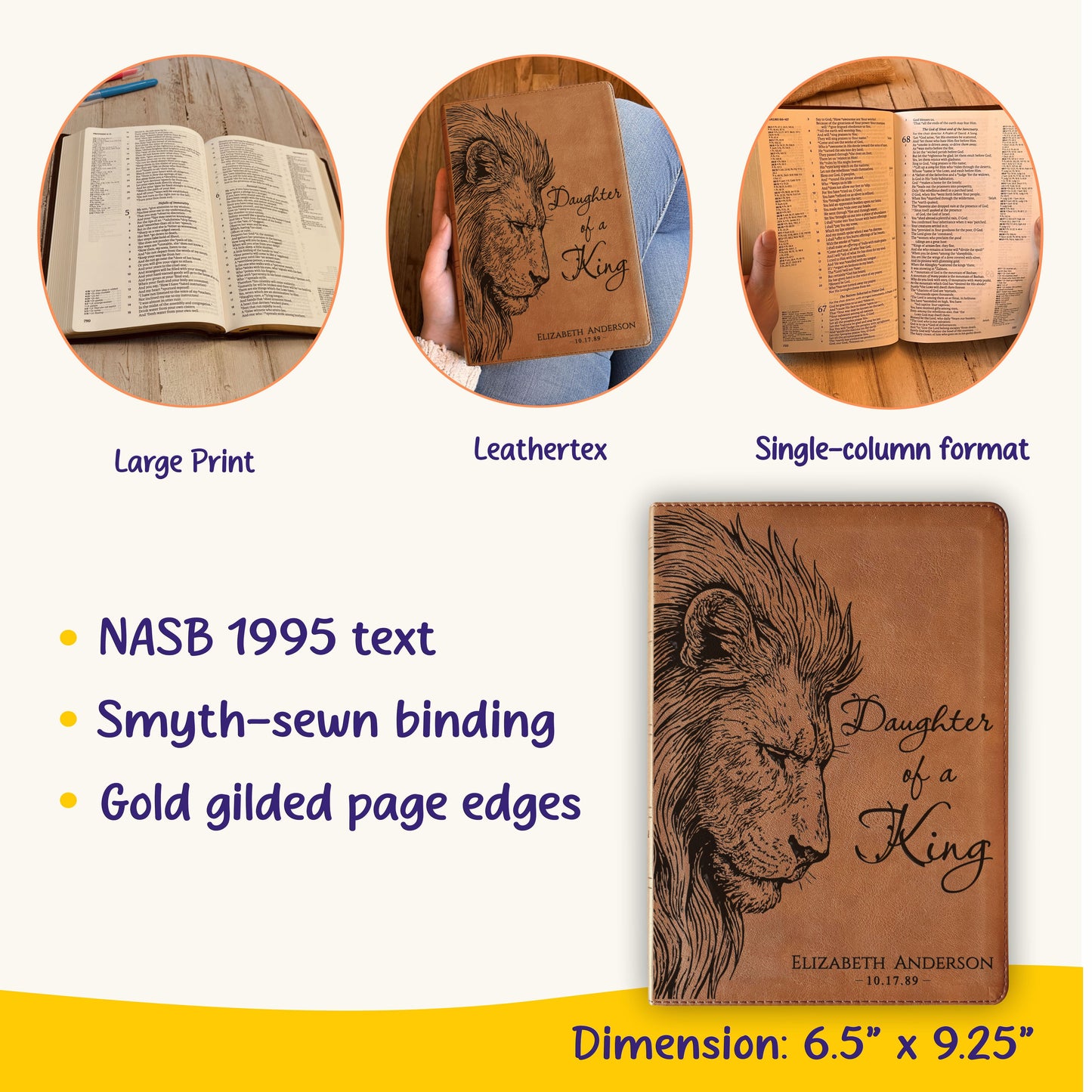 Personalized NASB 1995 Bible, Daughter of a King Lion Design, Custom Engraved Name, Christian Gift, Baptism Gift, Bible Gift for Her