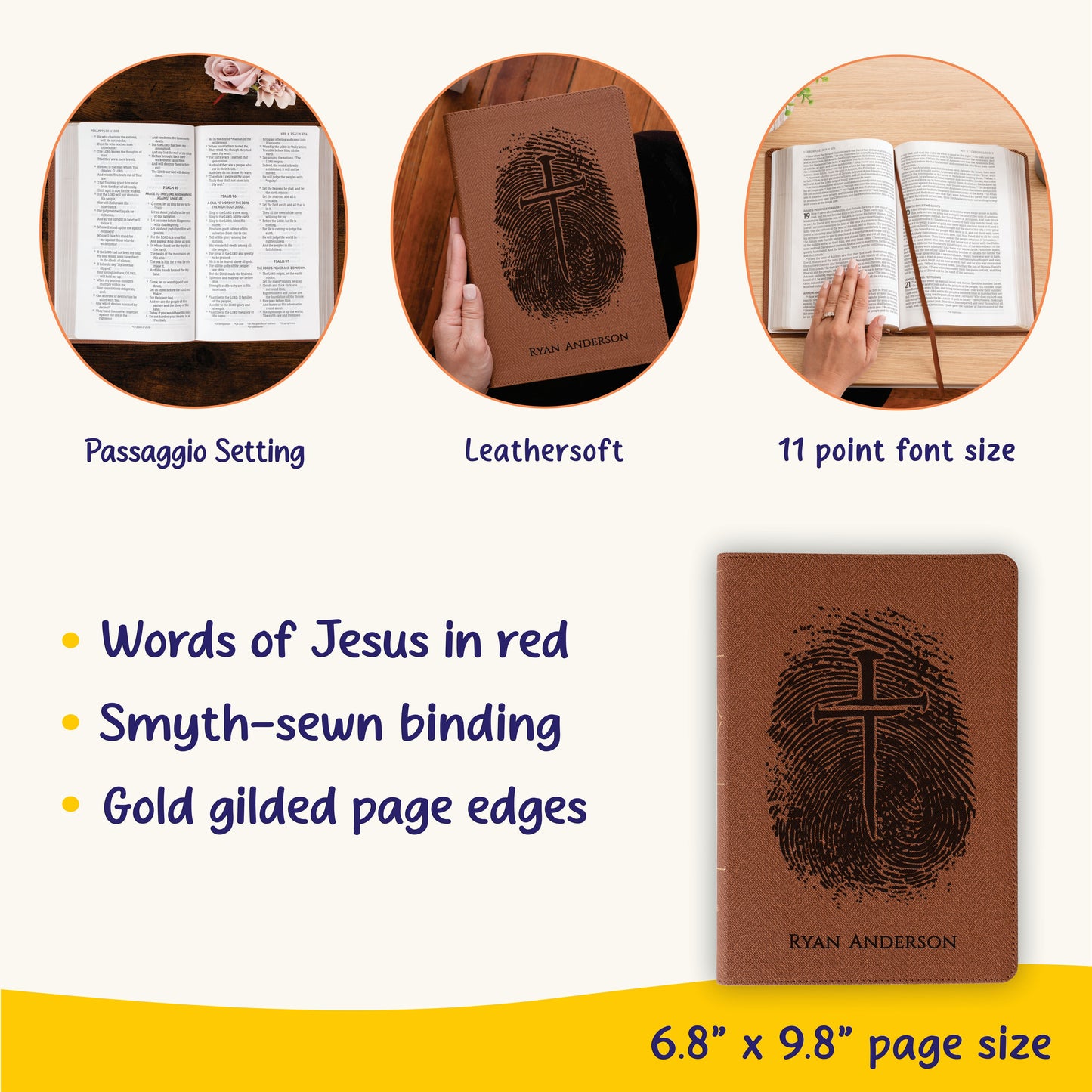 Personalized NASB Bible, Custom Fingerprint & Cross Design with Name Engraved, Thinline Passaggio, Gift for Baptism, Wedding, Confirmation