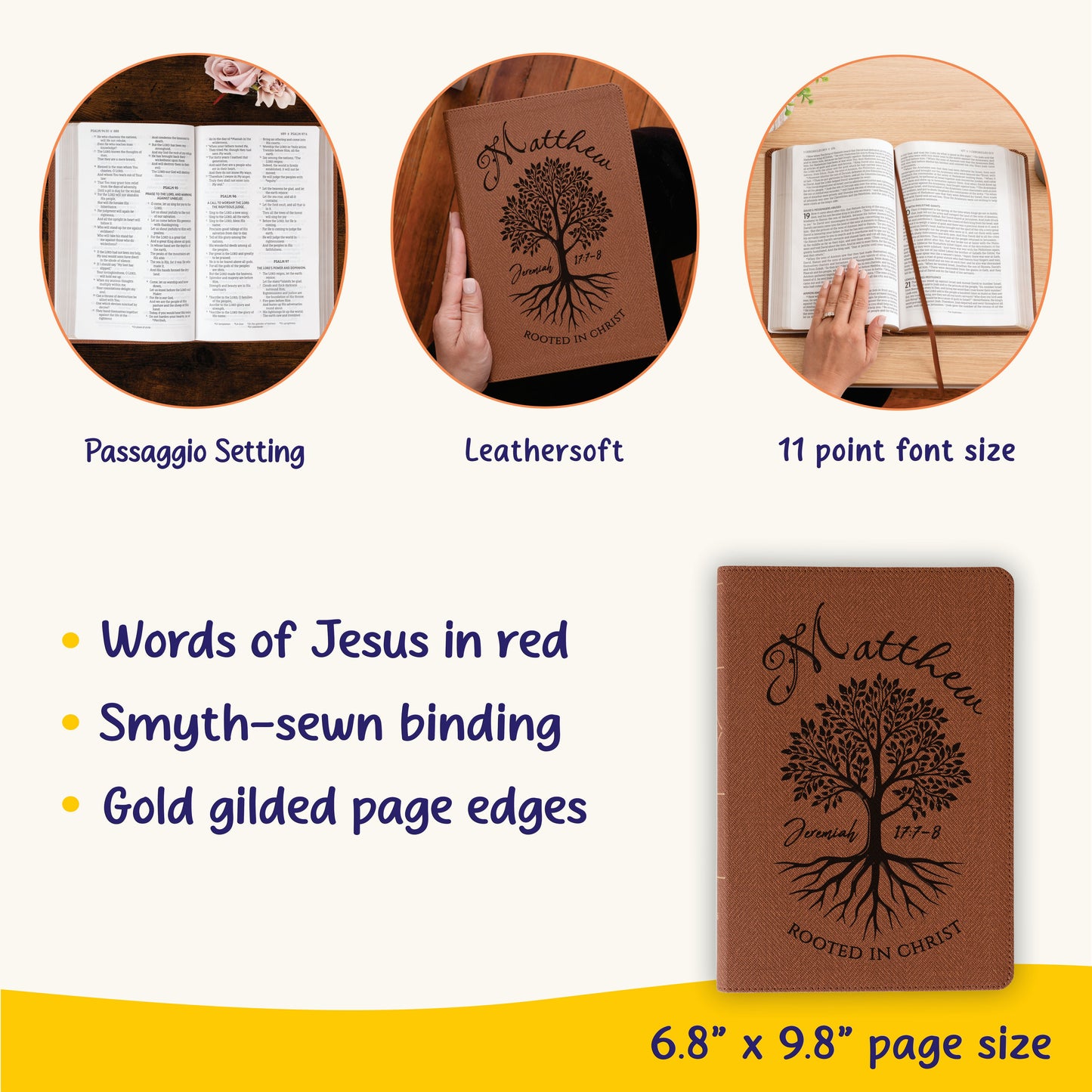 Personalized NASB Bible, Rooted in Christ Tree Design, Custom Engraved Name, Christian & Baptism Gift