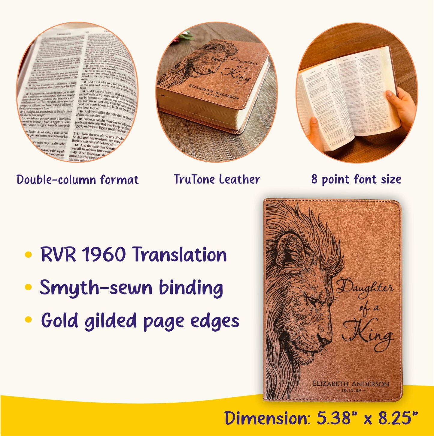 Personalized ESV RVR Bilingual Bible, Daughter of a King Lion Design, Custom Engraved Name, Christian Gift, Baptism Gift, Bible Gift for Her - Religious Books - Aylev