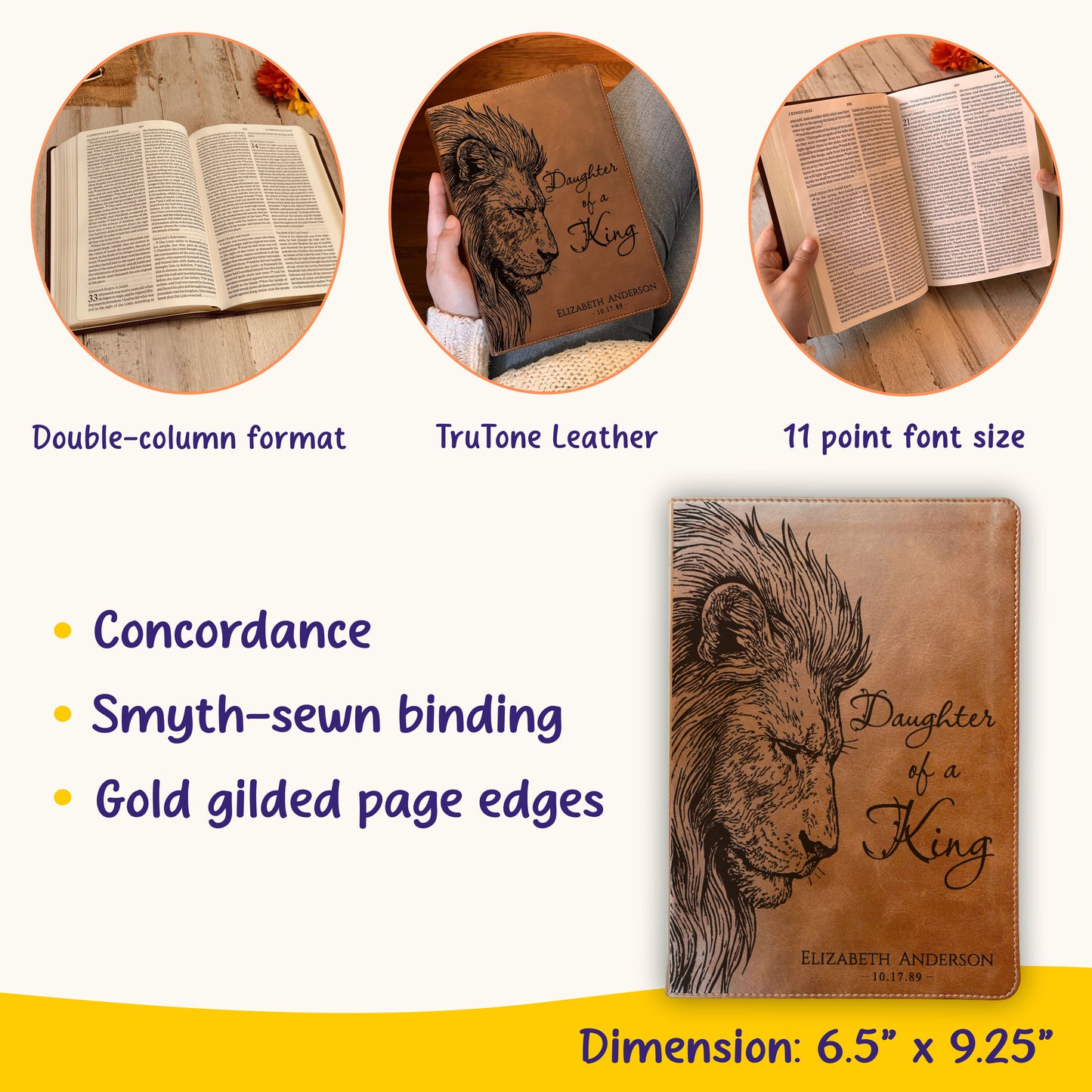 Personalized ESV Large Print Bible, Daughter of a King Lion Design, Custom Engraved Name, Christian Gift, Baptism Gift, Bible Gift for Her