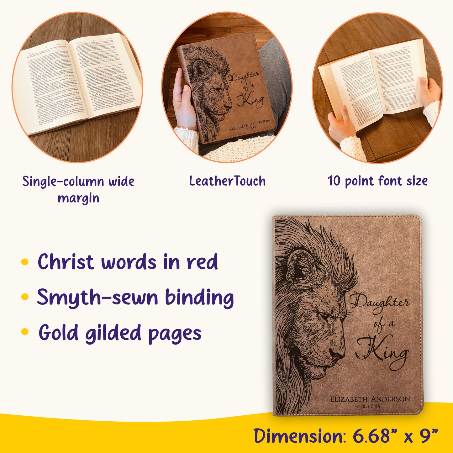 Personalized KJV Wide-Margin Bible, Daughter of a King Lion Design, Custom Engraved Name, Christian Gift, Baptism Gift, Bible Gift for Her
