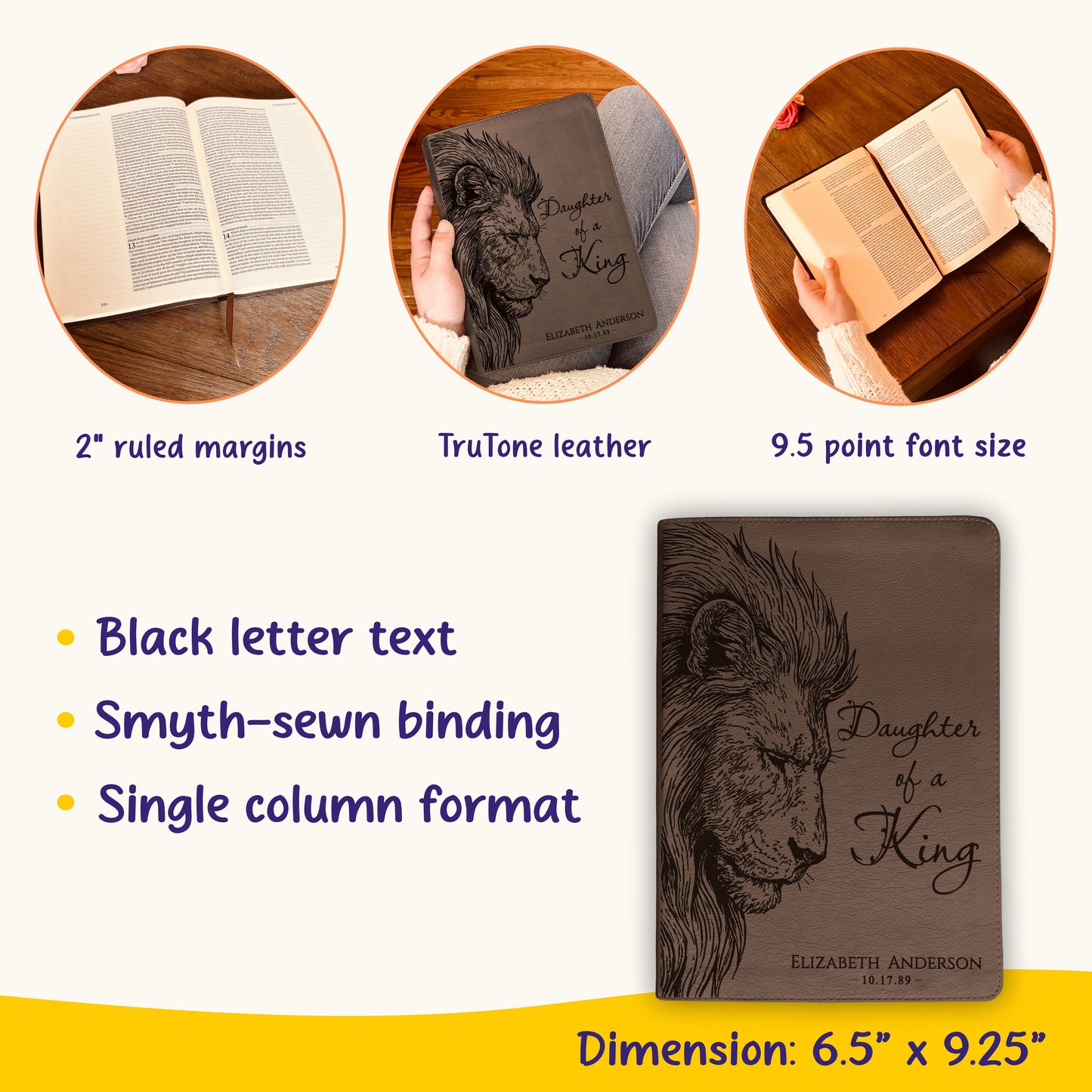 Personalized ESV Journaling Bible, Daughter of a King Lion Design, Custom Engraved Name, Christian Gift, Baptism Gift, Bible Gift for Her