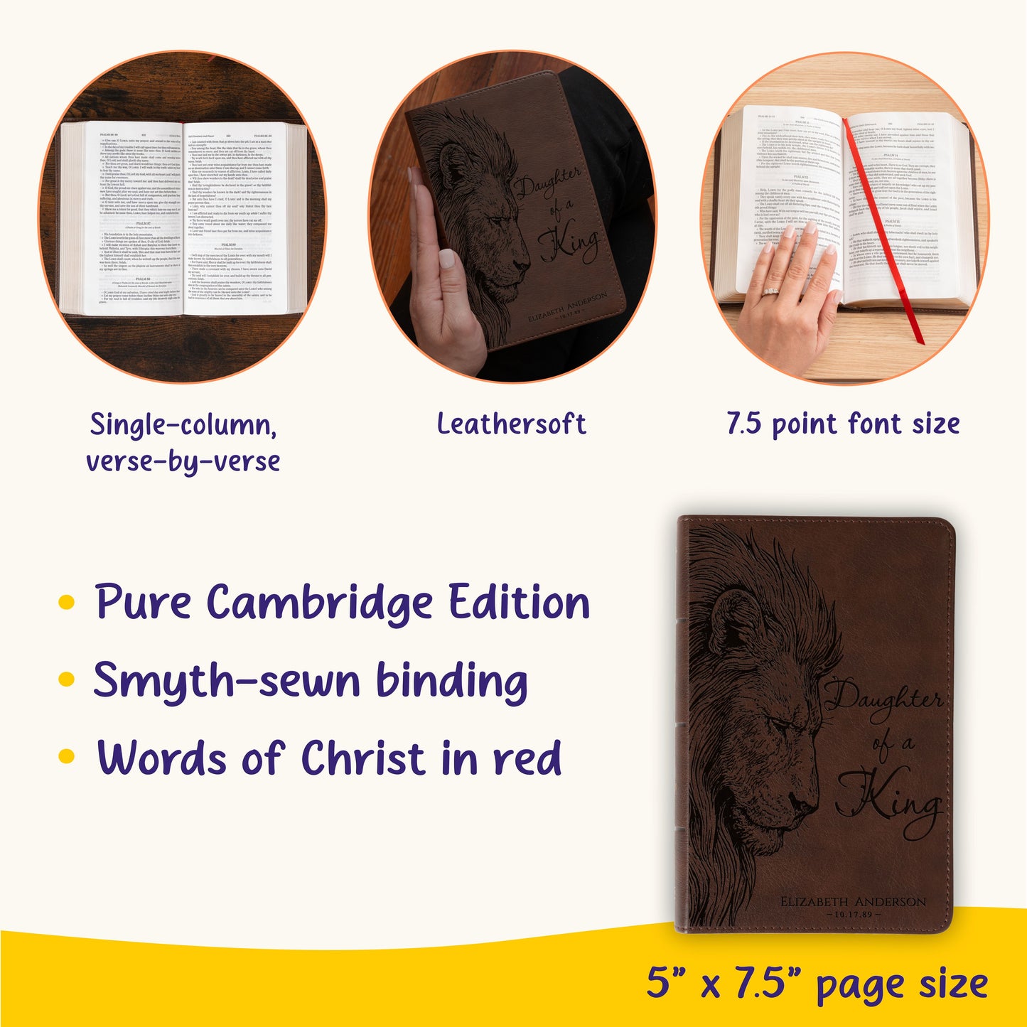 Personalized KJV Compact Bible, Daughter of a King Lion Design, Custom Engraved Name, Christian Gift, Baptism Gift, Bible Gift for Her