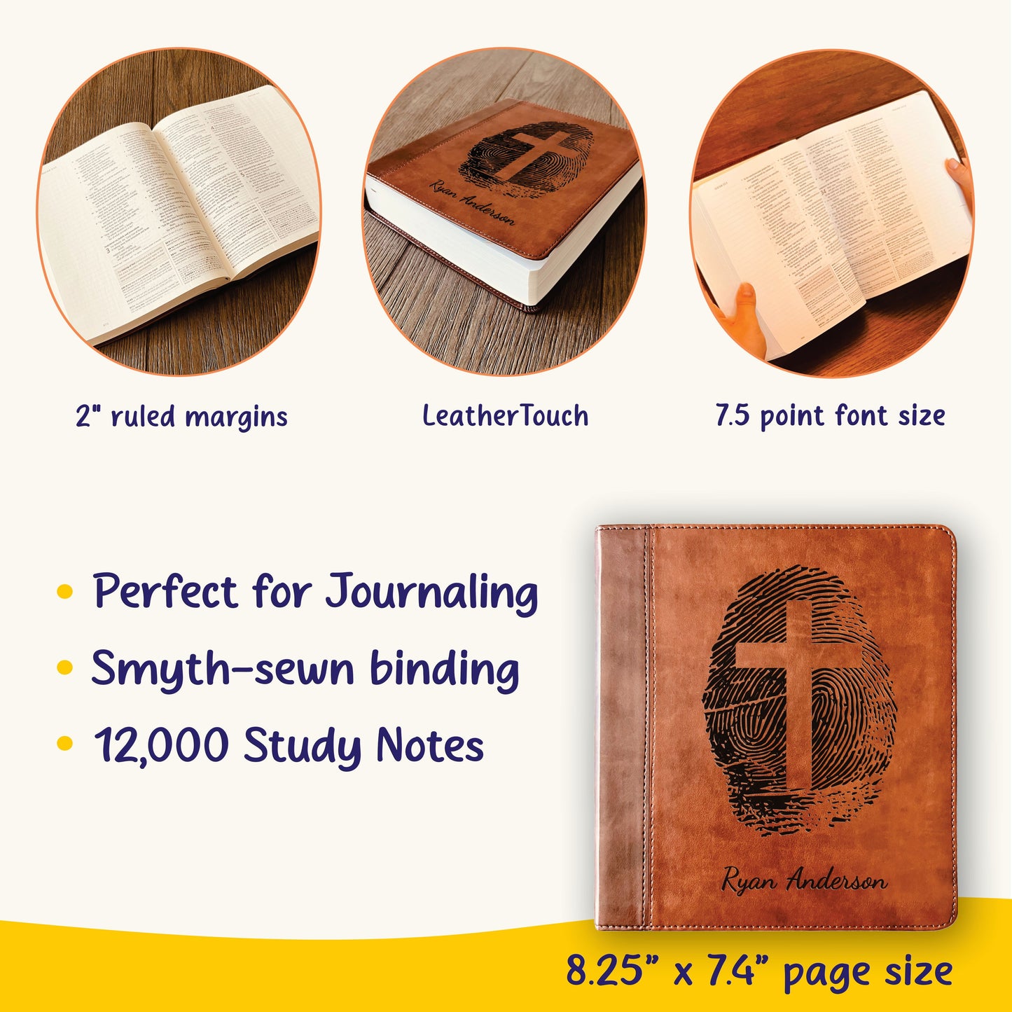 Personalized ESV Study Bible, Custom Engraved Fingerprint & Cross Bible with Name, ESV Wide Margin Bible for Note Taking, Gift for Baptism