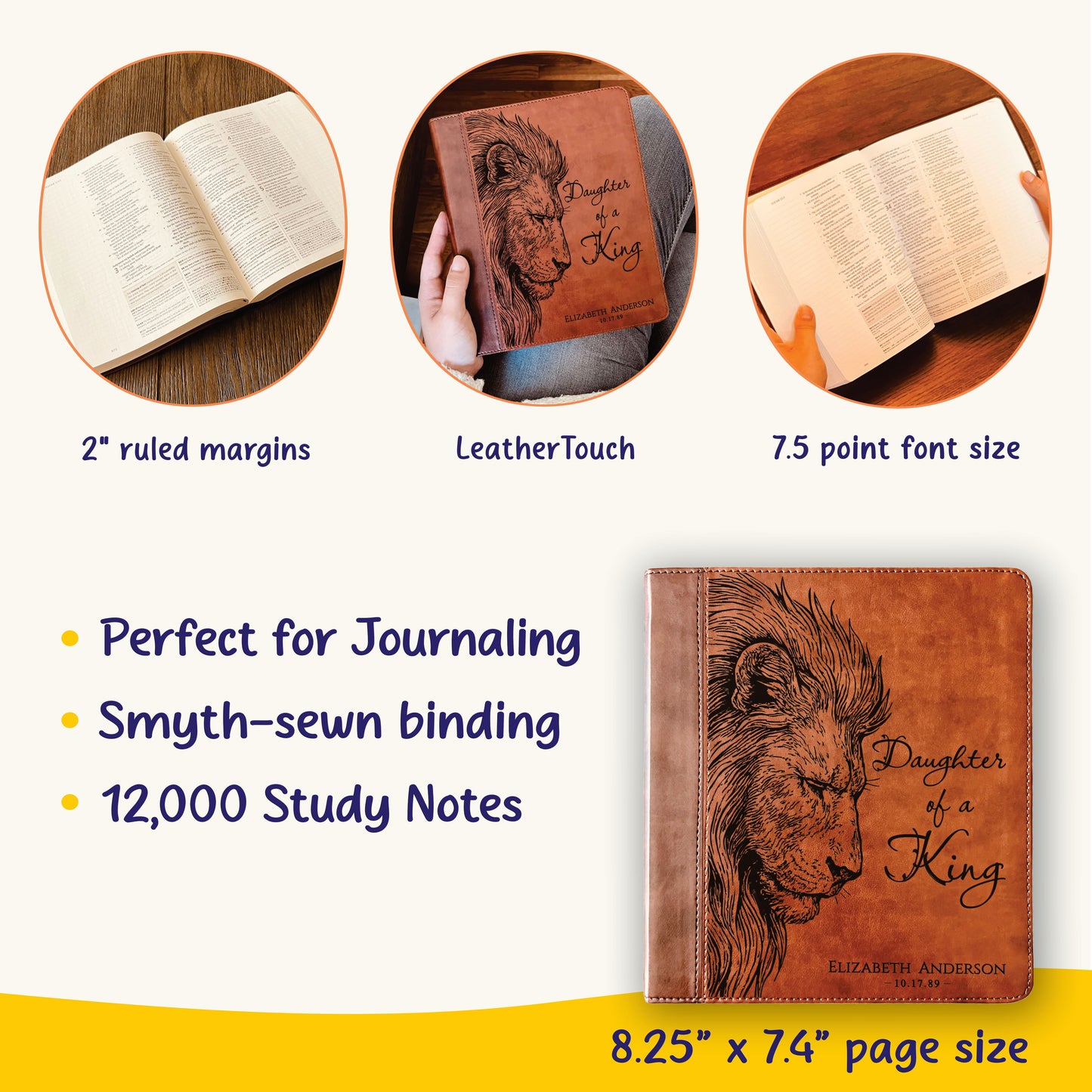 Personalized ESV Journaling Study Bible, Daughter of a King Lion Design, Custom Engraved Name, Christian Gift, Baptism Gift, Bible Gift Her