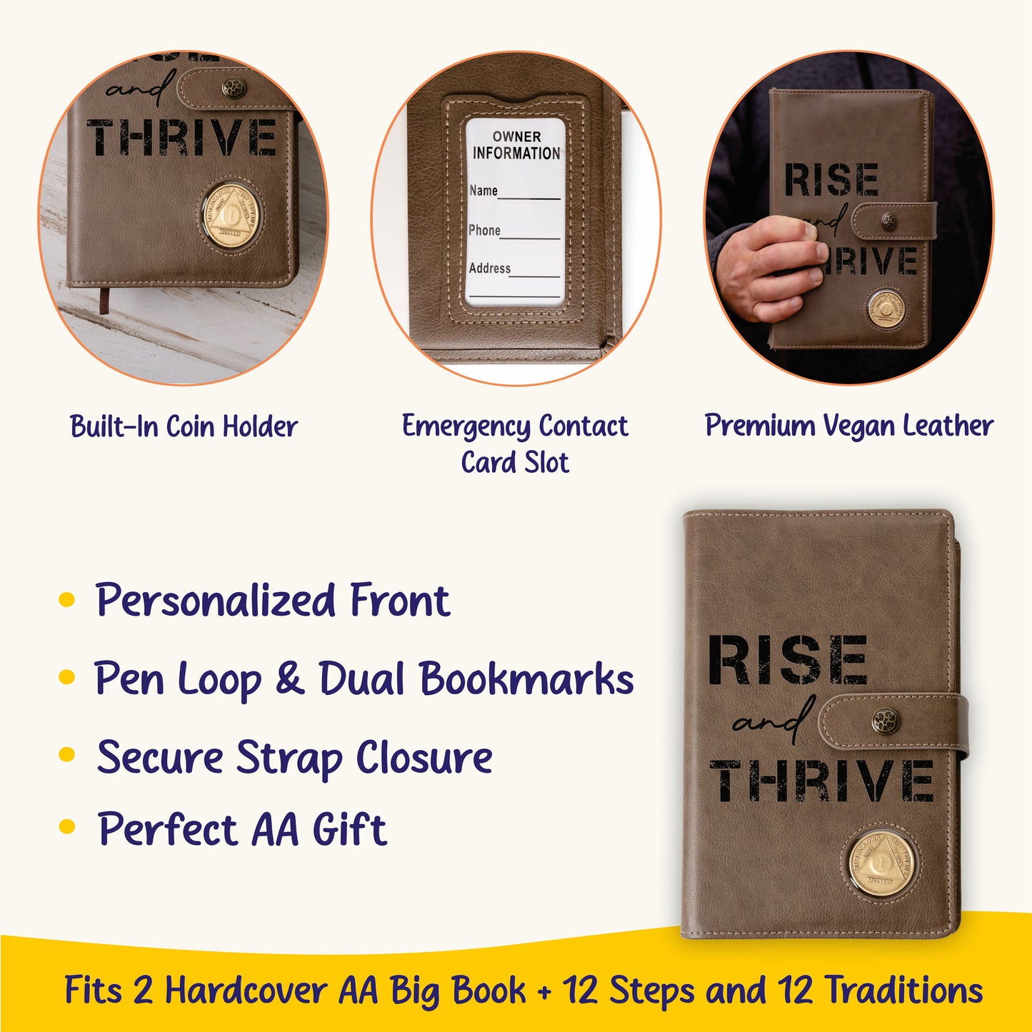 Custom Design AA Big Book & 12 Steps and 12 Traditions Book Set Cover, Alcoholics Anonymous Gifts, Fits 2 Hardcover AA Books, AA Coin Holder - Aylev