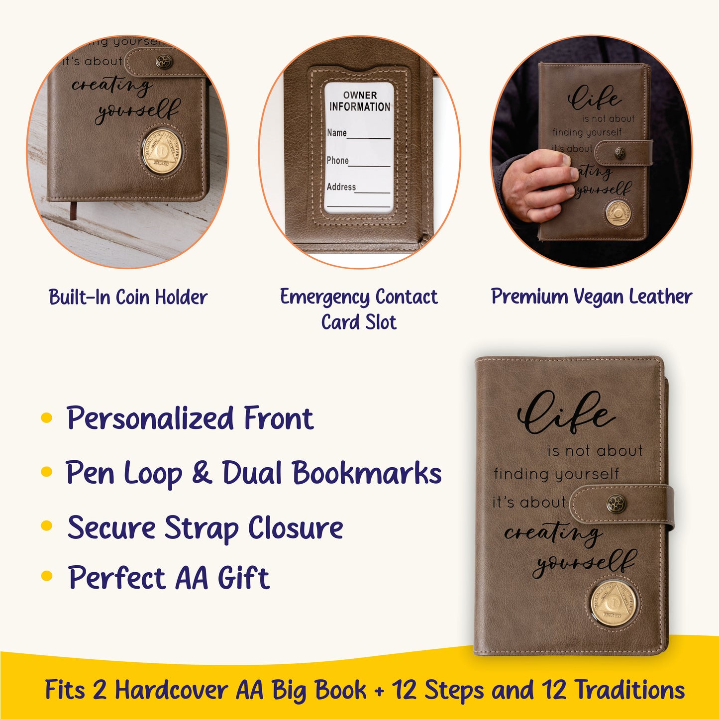 Personalized AA Big Book & 12 Steps and 12 Traditions Book Set Cover, Alcoholics Anonymous Gifts, Fits 2 Hardcover AA Books, AA Coin Holder - Aylev