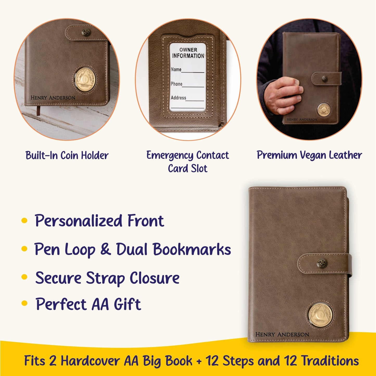 Personalized AA Big Book & 12 Steps and 12 Traditions Book Set Cover, Alcoholics Anonymous Gifts, Fits 2 Hardcover AA Books, AA Coin Holder - Religious Books - Aylev