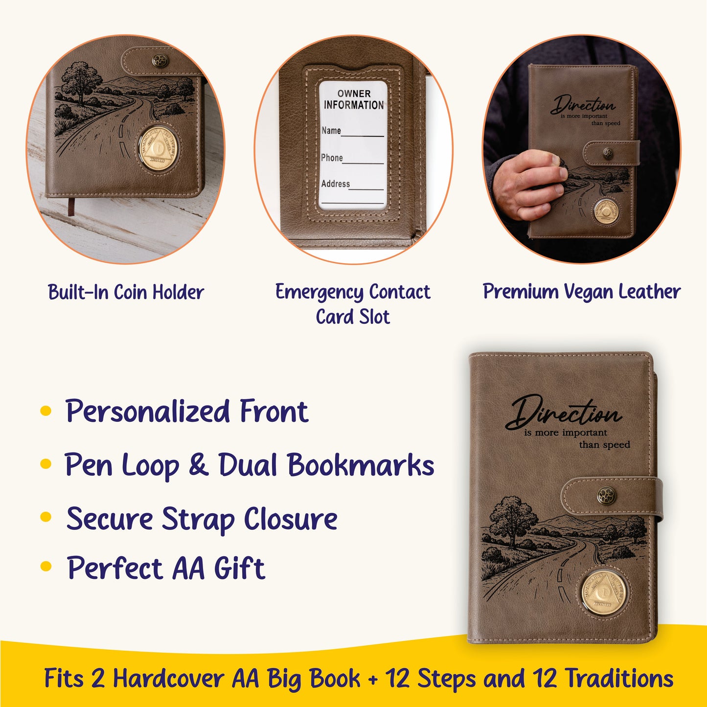 Personalized AA Big Book & 12 Steps and 12 Traditions Book Set Cover, Alcoholics Anonymous Gifts, Fits 2 Hardcover AA Books, AA Coin Holder - Aylev