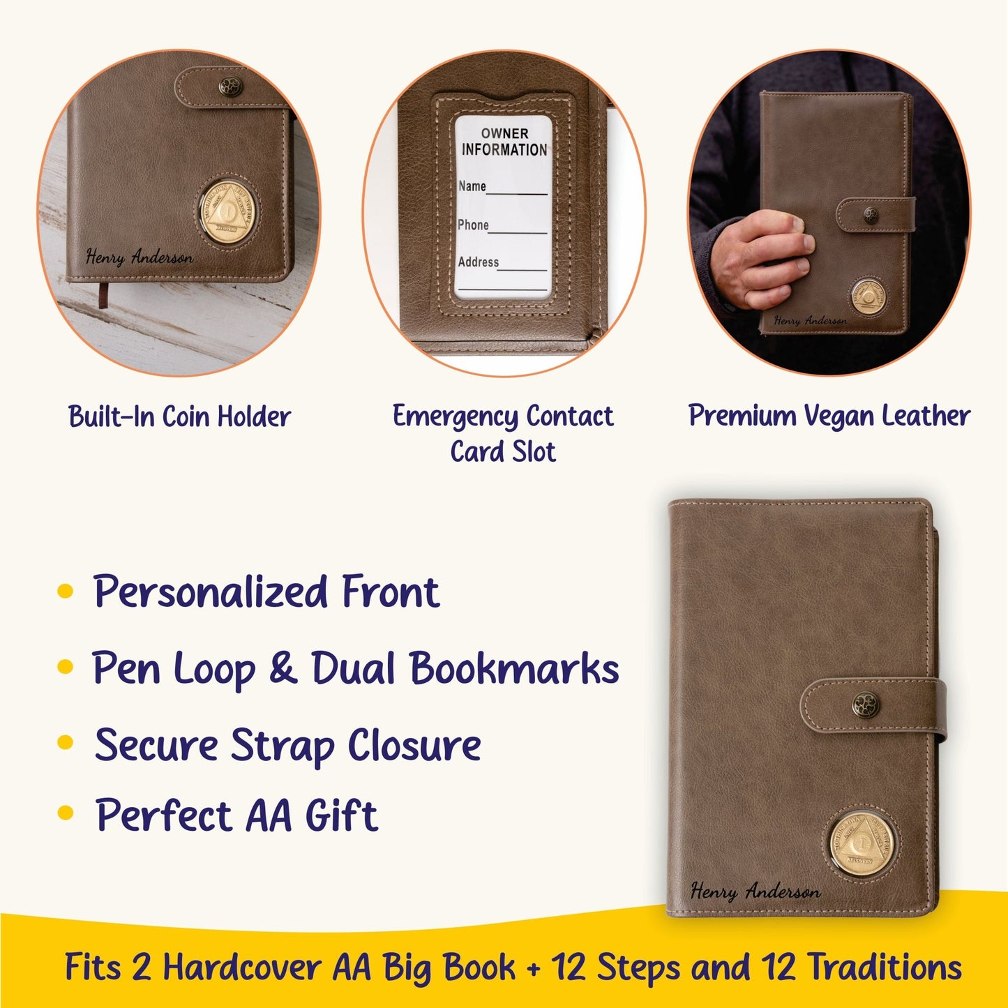 Personalized AA Big Book & 12 Steps and 12 Traditions Book Set Cover, Alcoholics Anonymous Gifts, Fits 2 Hardcover AA Books, AA Coin Holder - Religious Books - Aylev