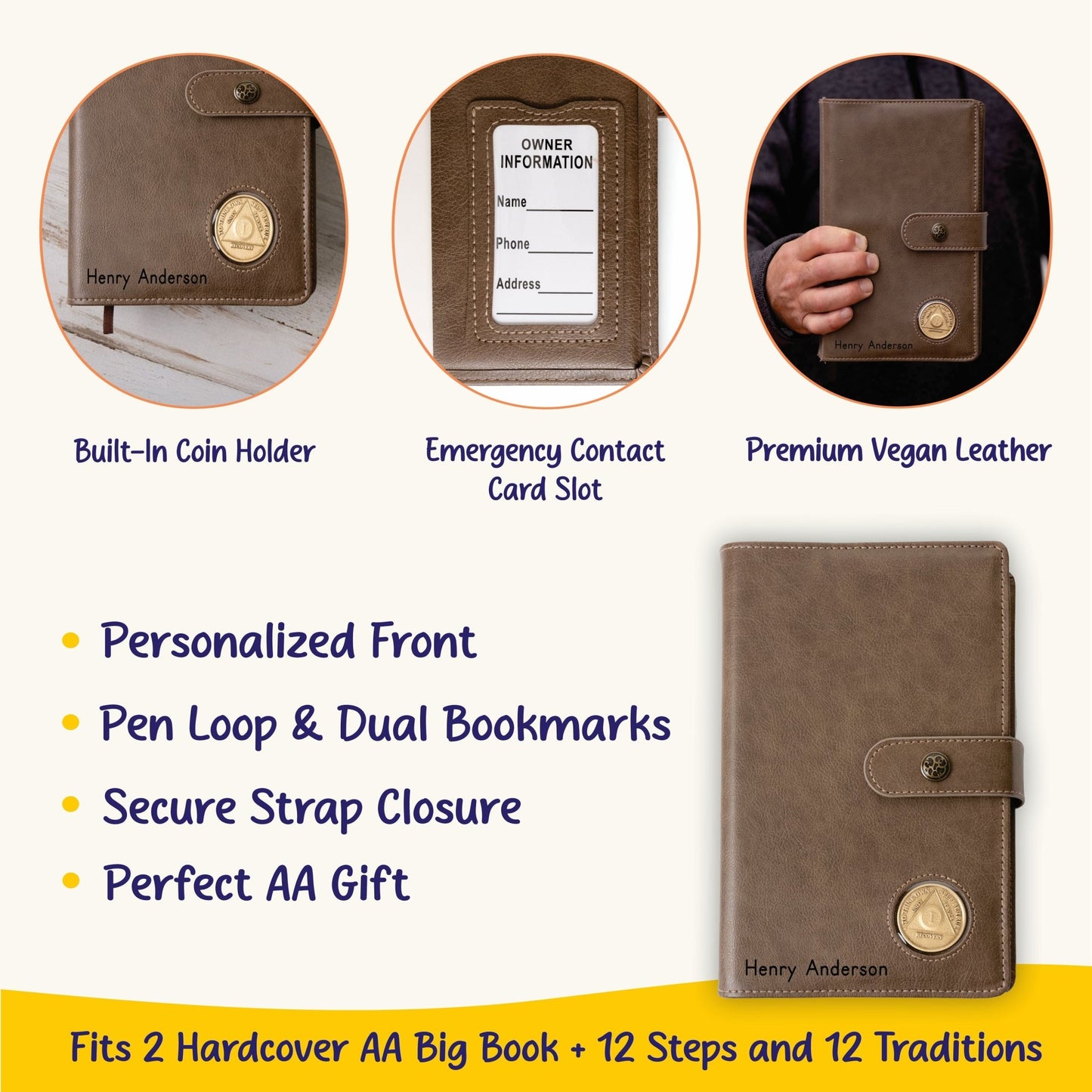 Personalized AA Big Book & 12 Steps and 12 Traditions Book Set Cover, Alcoholics Anonymous Gifts, Fits 2 Hardcover AA Books, AA Coin Holder - Religious Books - Aylev