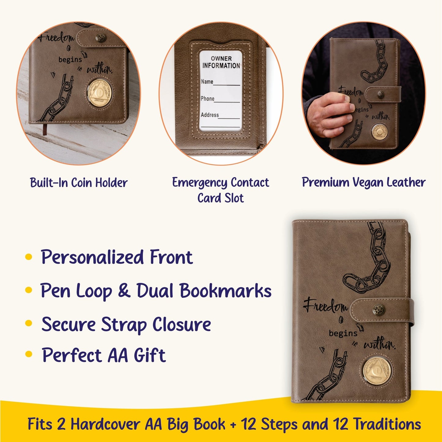 Custom Design AA Big Book & 12 Steps and 12 Traditions Book Set Cover, Alcoholics Anonymous Gifts, Fits 2 Hardcover AA Books, AA Coin Holder - Religious Books - Aylev