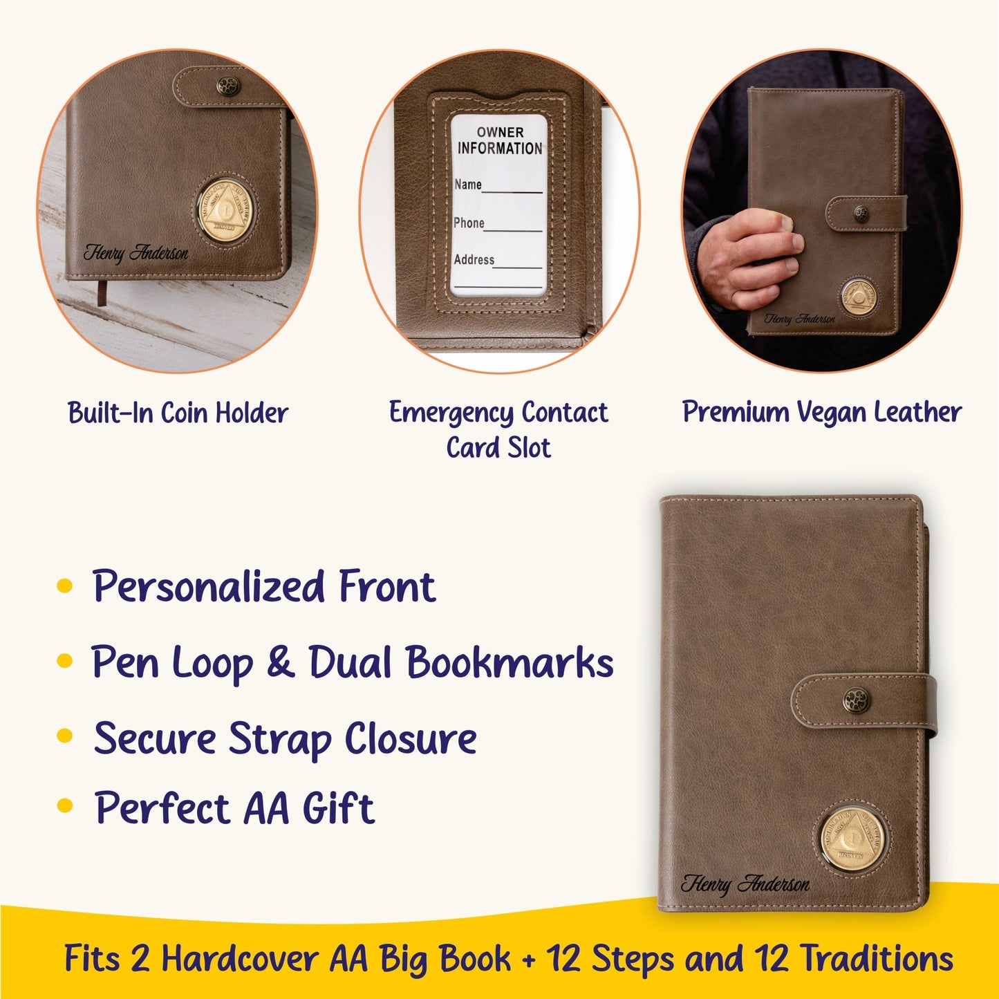 Personalized AA Big Book & 12 Steps and 12 Traditions Book Set Cover, Alcoholics Anonymous Gifts, Fits 2 Hardcover AA Books, AA Coin Holder - Religious Books - Aylev