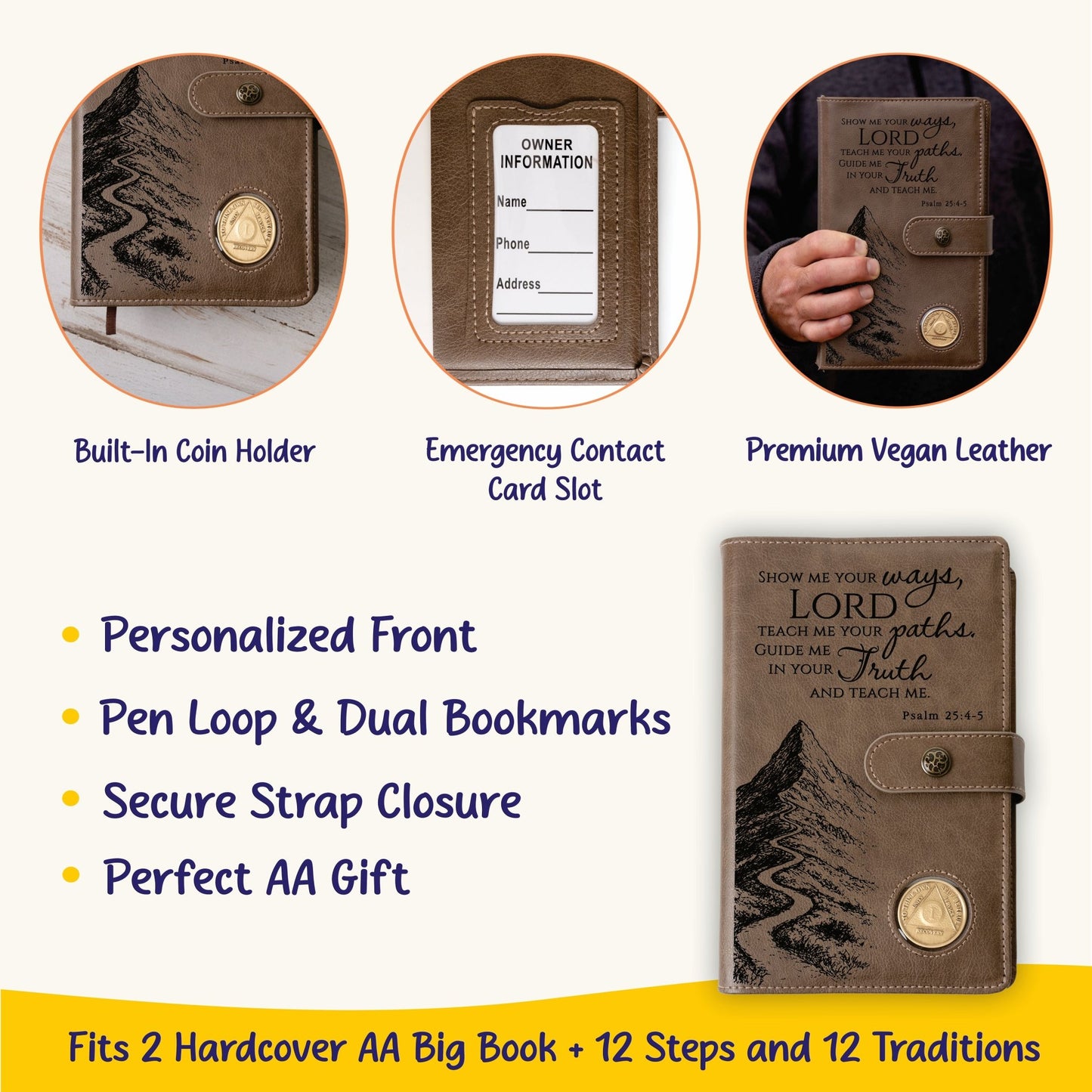 Custom Design AA Big Book & 12 Steps and 12 Traditions Book Set Cover, Alcoholics Anonymous Gifts, Fits 2 Hardcover AA Books, AA Coin Holder - Religious Books - Aylev
