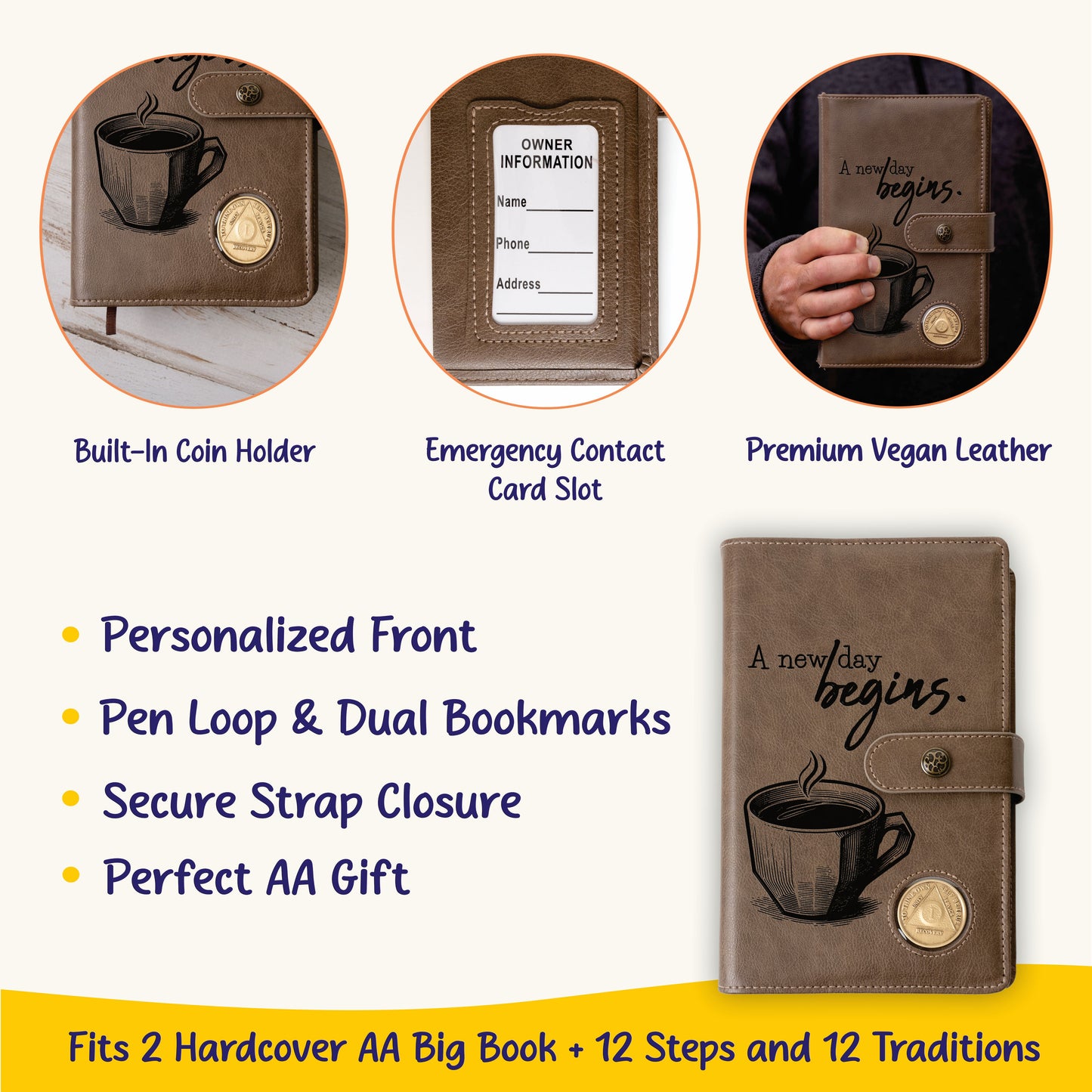 Custom Design AA Big Book & 12 Steps and 12 Traditions Book Set Cover, Alcoholics Anonymous Gifts, Fits 2 Hardcover AA Books, AA Coin Holder