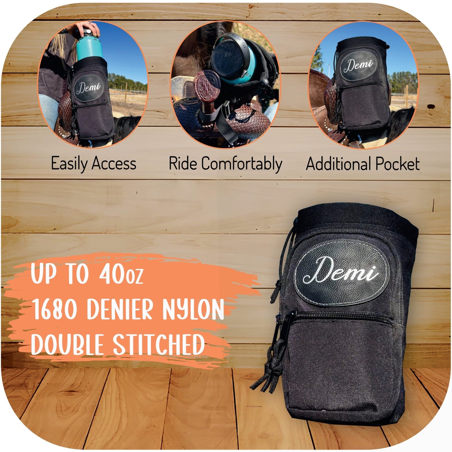 Personalized Horse Saddle Water Bottle Holder, Black, Multi Pocket Horse Saddle Drink Holder up to 40oz, Horse Gifts, Horse Stuff Horse Tack - Horse Tack Accessories - Aylev