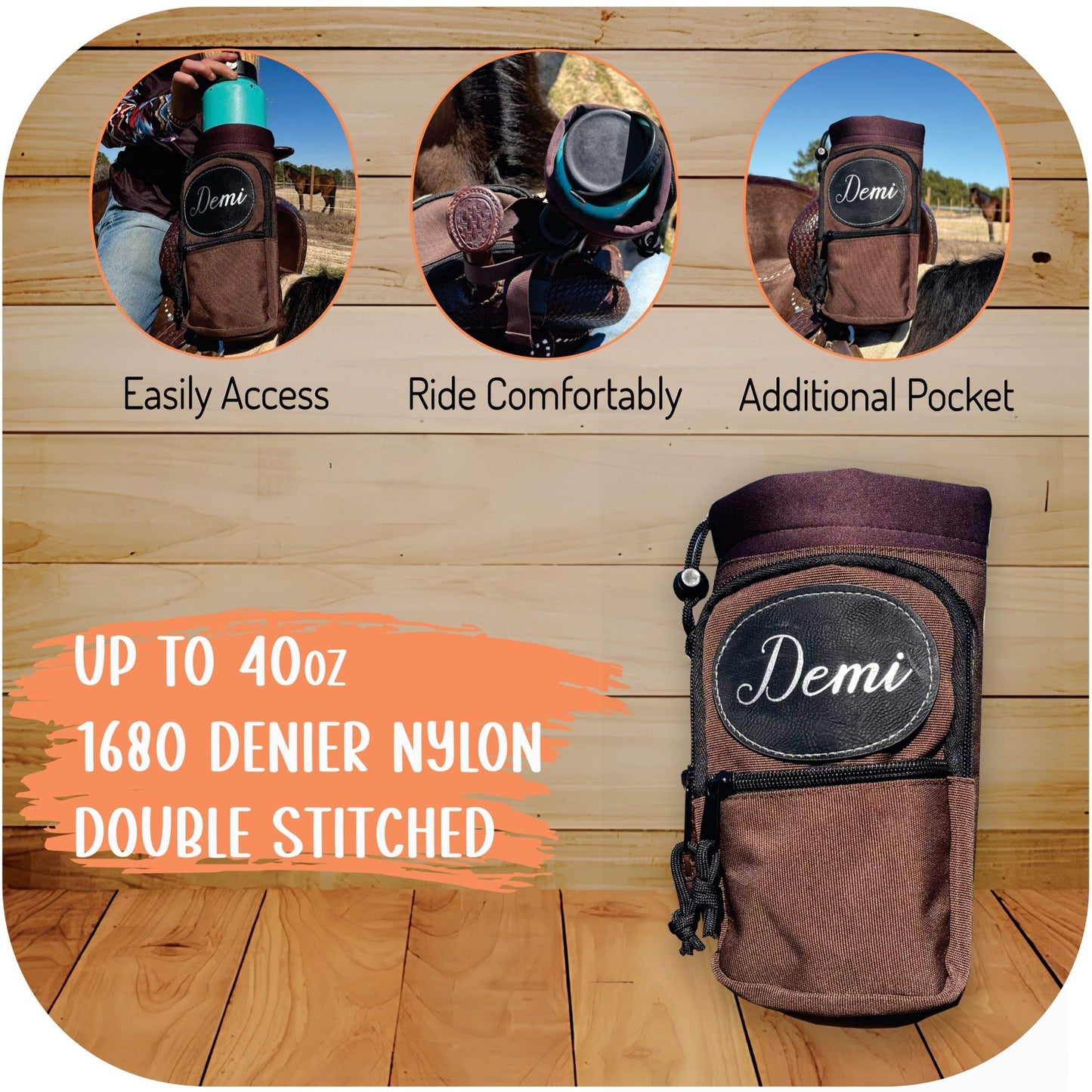 Personalized Horse Saddle Water Bottle Holder, Multi-Pocket Saddle Drink Holder, Fits Bottles Up to 40 oz, Multiple Colors - Horse Tack Accessories - Aylev