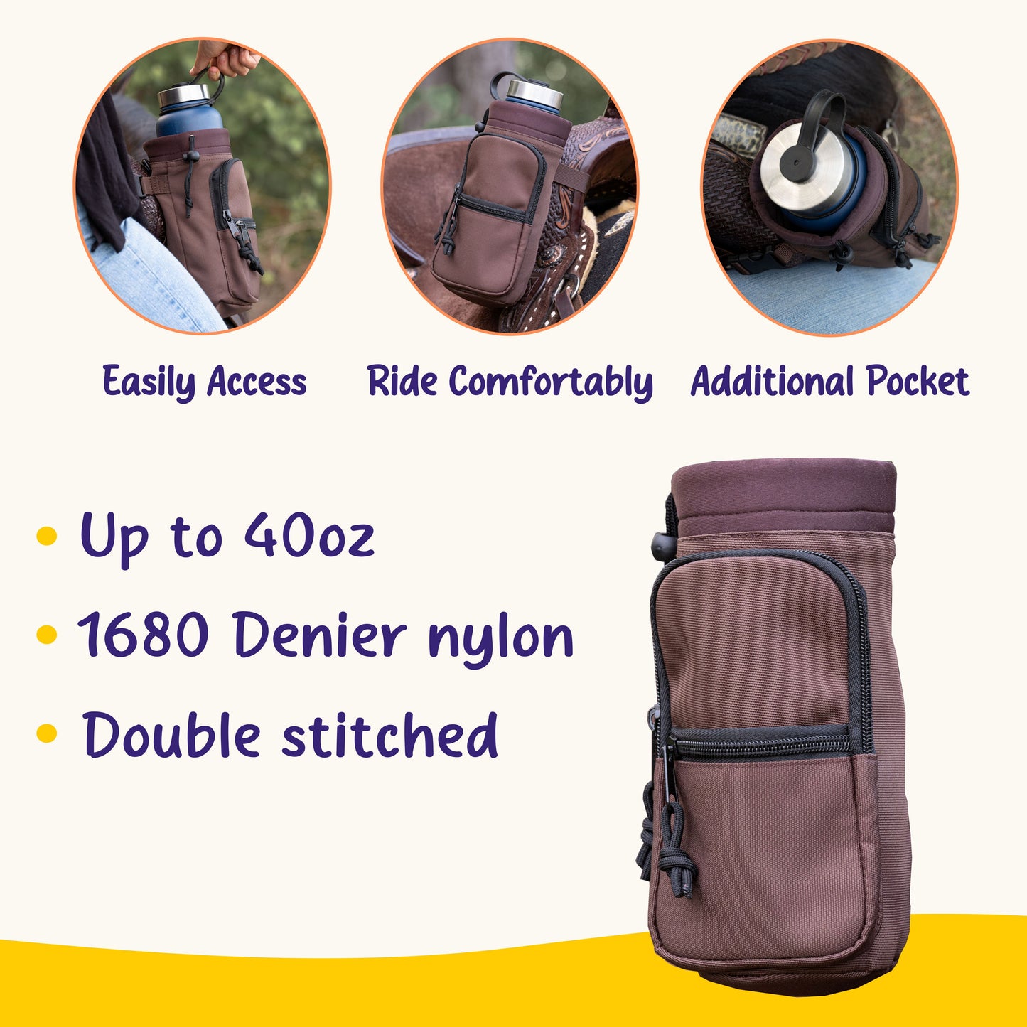 Horse Saddle Water Bottle Holder, Brown Water Holder, Multi Pocket Horse Saddle Drink Holder up to 40oz, Horse Gifts, Horse Stuff Horse Tack