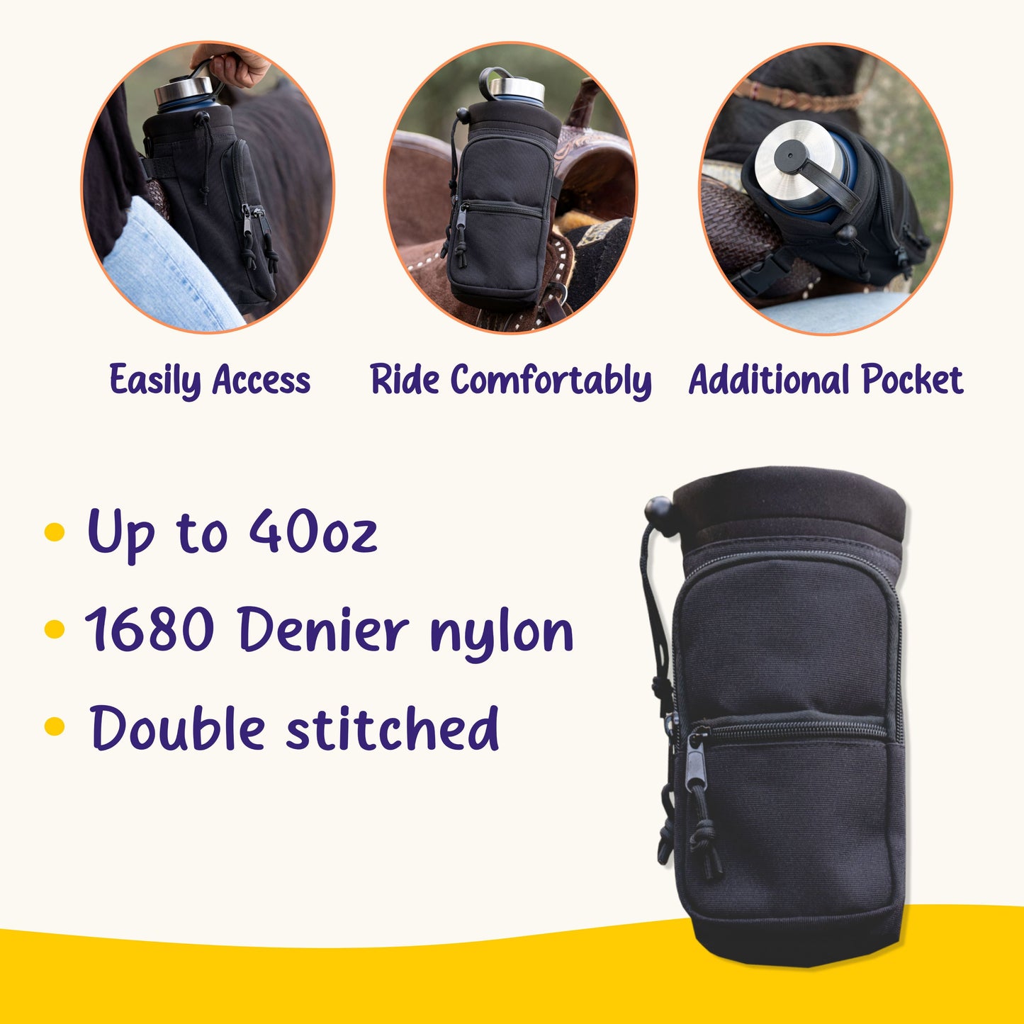Horse Saddle Water Bottle Holder, Black Water Holder, Multi Pocket Horse Saddle Drink Holder up to 40oz, Horse Gifts, Horse Stuff Horse Tack