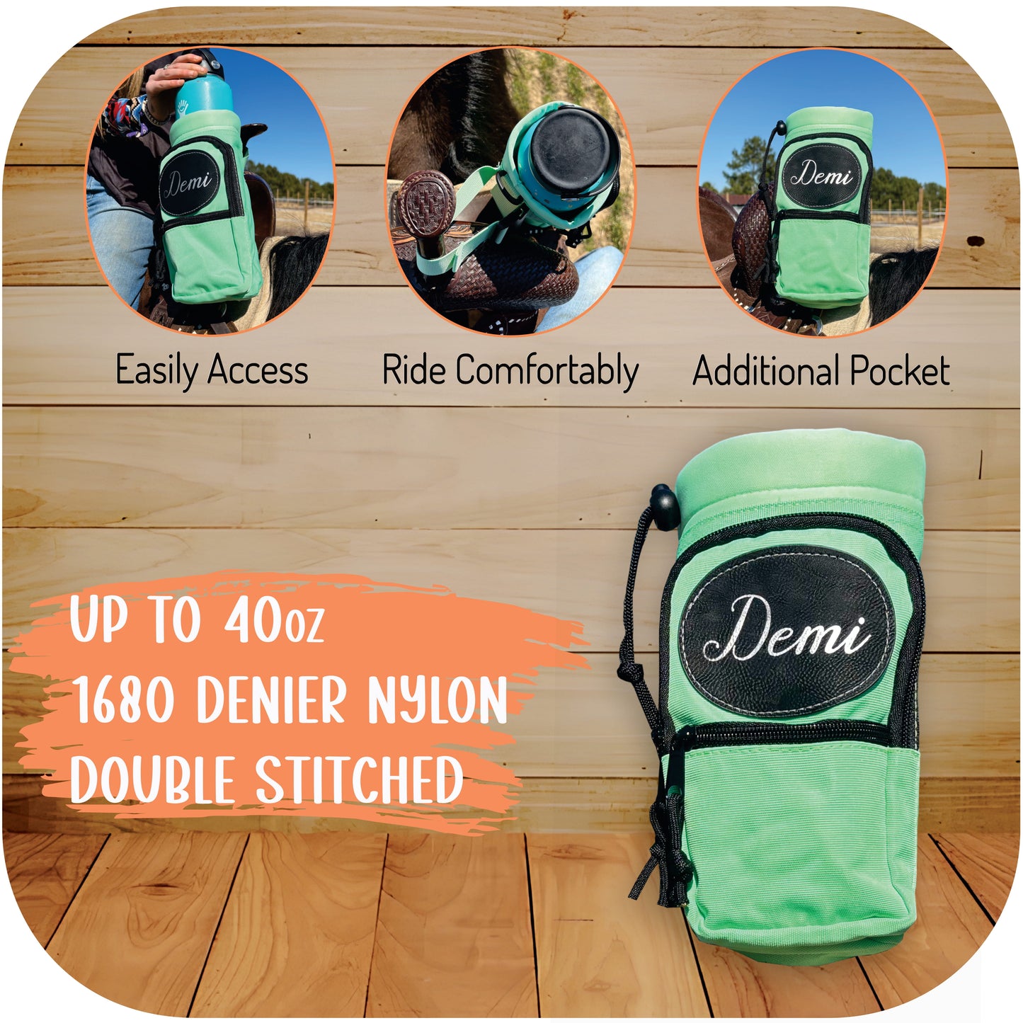 Personalized Horse Saddle Water Bottle Holder, Green, Multi Pocket Horse Saddle Drink Holder up to 40oz, Horse Gifts, Horse Stuff Horse Tack