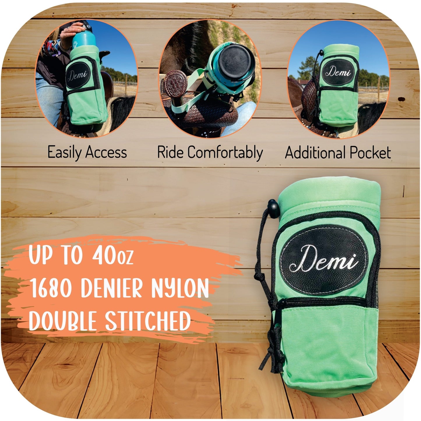 Personalized Horse Saddle Water Bottle Holder, Green, Multi Pocket Horse Saddle Drink Holder up to 40oz, Horse Gifts, Horse Stuff Horse Tack - Horse Tack Accessories - Aylev