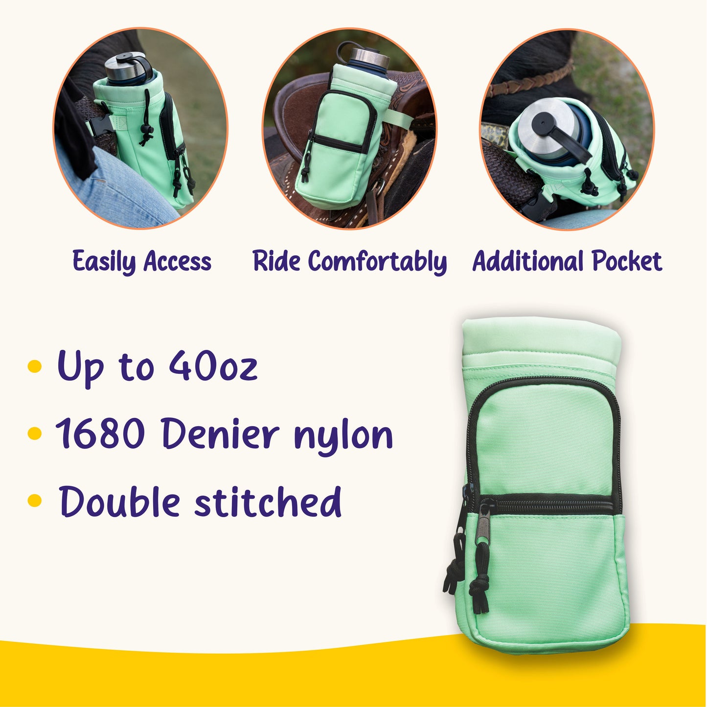 Horse Saddle Water Bottle Holder, Green Water Holder, Multi Pocket Horse Saddle Drink Holder up to 40oz, Horse Gifts, Horse Stuff Horse Tack