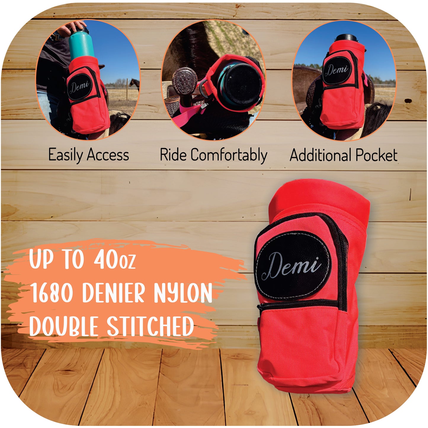 Personalized Horse Saddle Water Bottle Holder, Pink, Multi Pocket Horse Saddle Drink Holder up to 40oz, Horse Gifts, Horse Stuff, Horse Tack