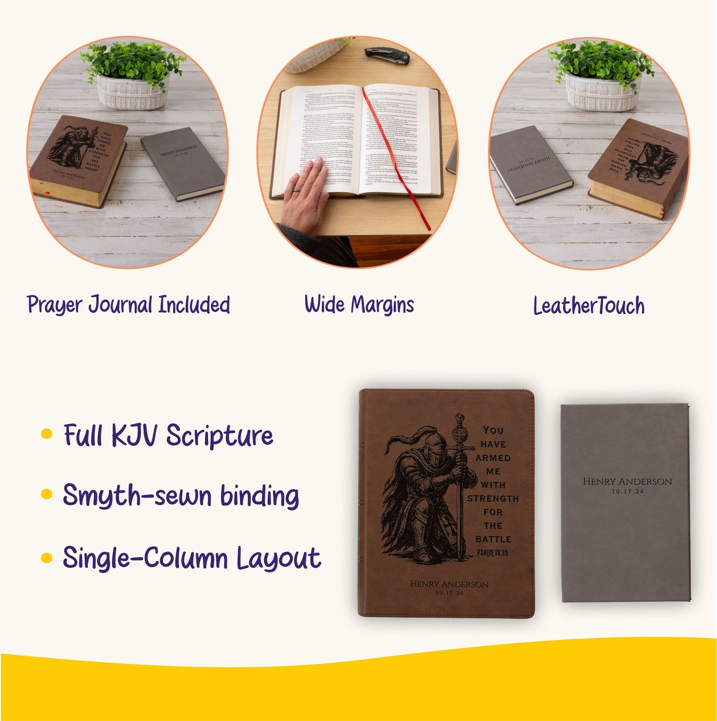 Personalized KJV Bible & Prayer Journal Set, Single - Column Wide - Margin Bible, Custom Engraved Name, Christian Gift, Baptism Gift for men - Religious Books - Aylev