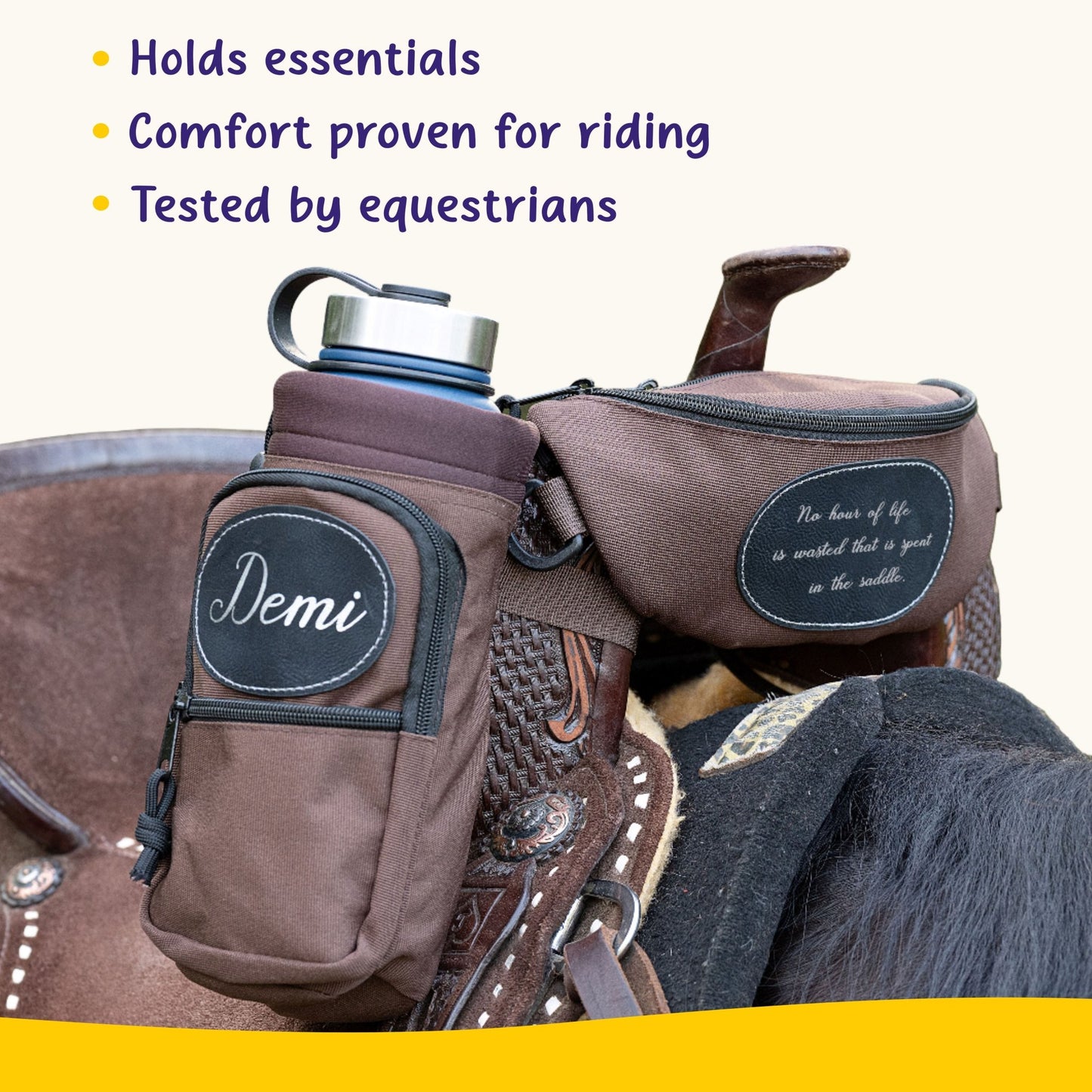 Personalized Horse Saddle Brown Pommel Bag & Bottle Holder Set, Horse Tack, Horse Gifts, Horse Stuff, Equestrian Gifts, Saddle Accessories - Horse Tack Accessories - Aylev