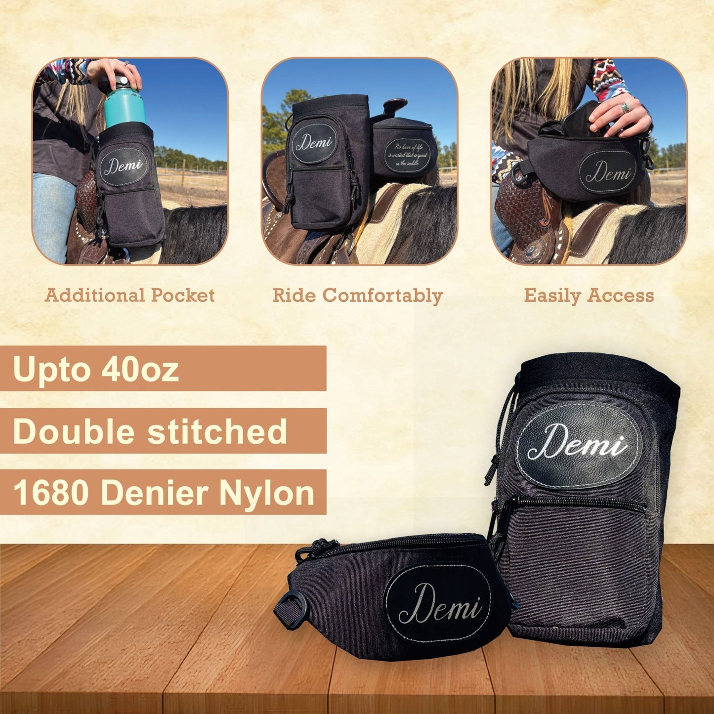 Personalized Horse Saddle Black Pommel Bag & Bottle Holder Set, Horse Tack, Horse Gifts, Horse Stuff, Equestrian Gifts, Saddle Accessories - Horse Tack Accessories - Aylev