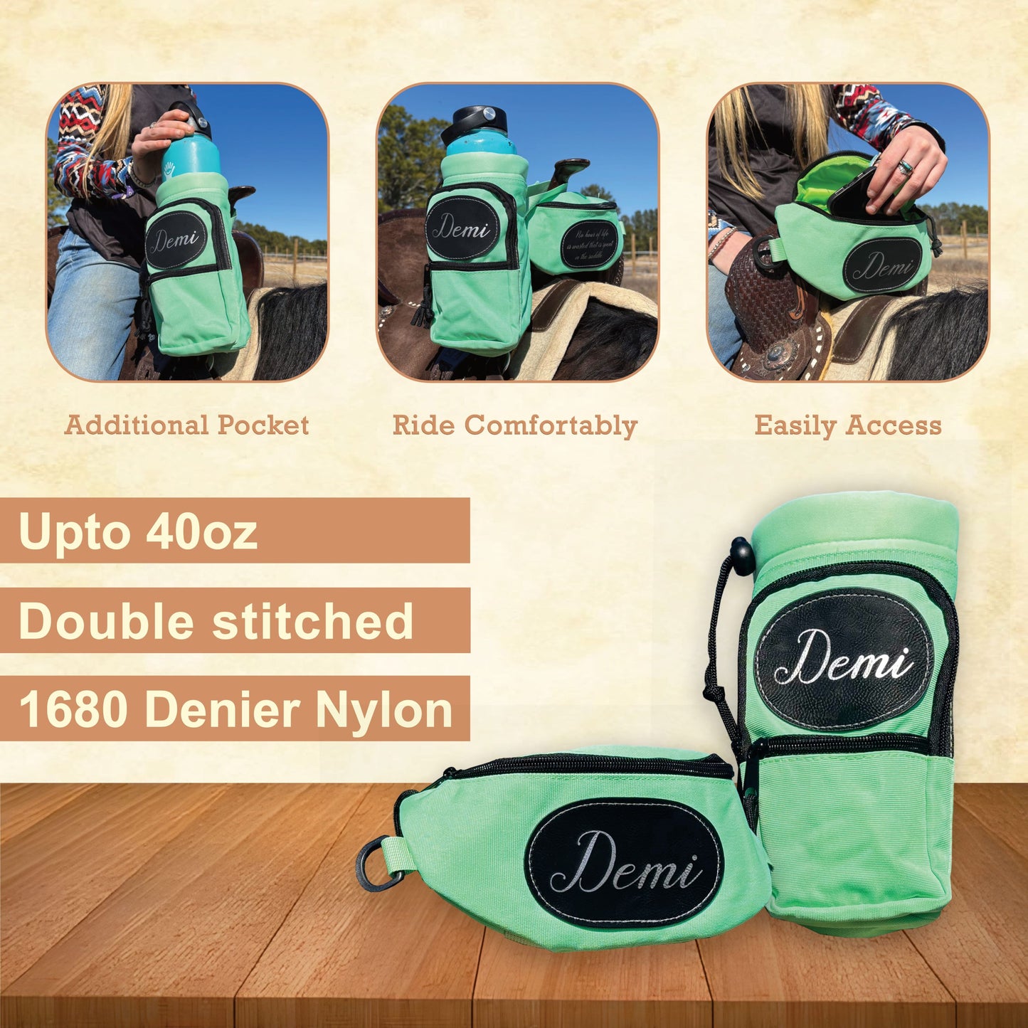 Personalized Horse Saddle Green Pommel Bag & Bottle Holder Set, Horse Tack, Horse Gifts, Horse Stuff, Equestrian Gifts, Saddle Accessories