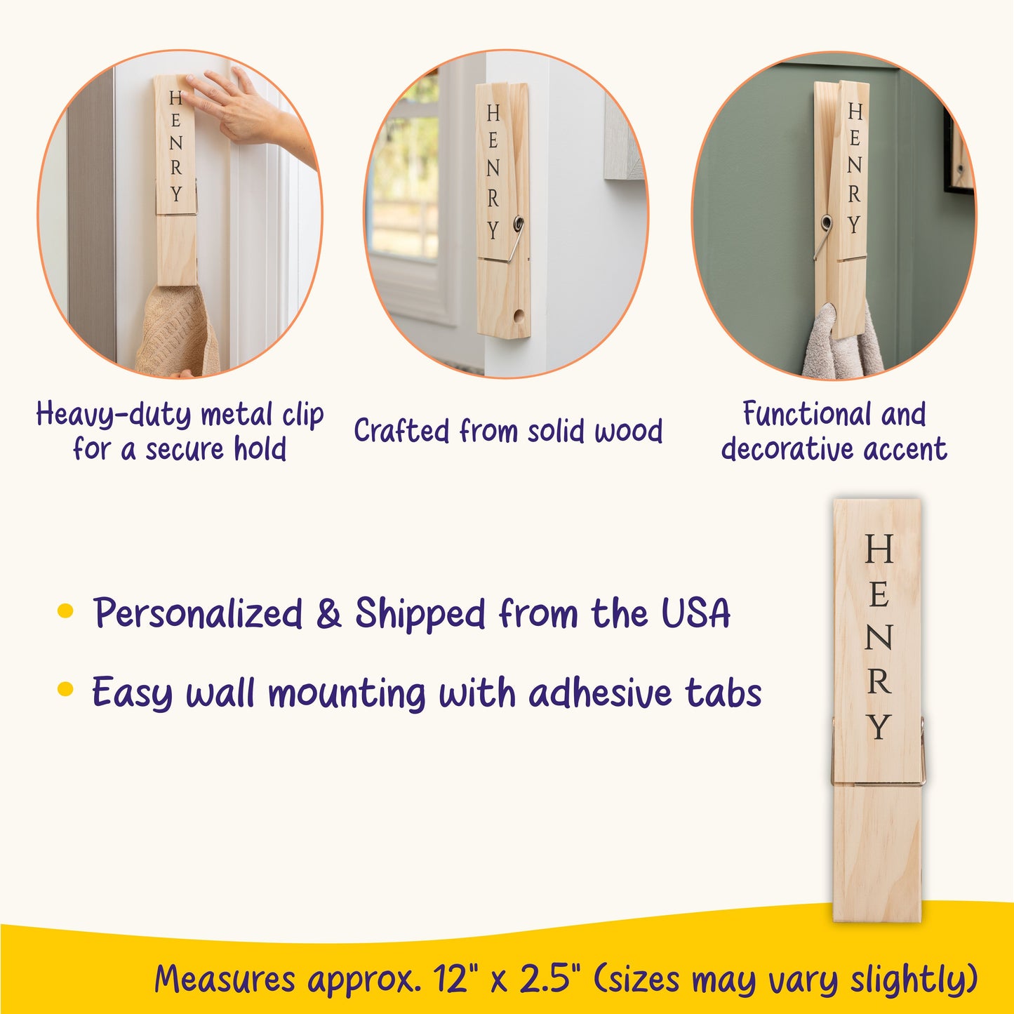 Personalized Jumbo Giant Clothespin Towel Holder, Rustic Farmhouse Wall Decor, 12" Large Clothespin for Bathroom & Laundry Room Accessories